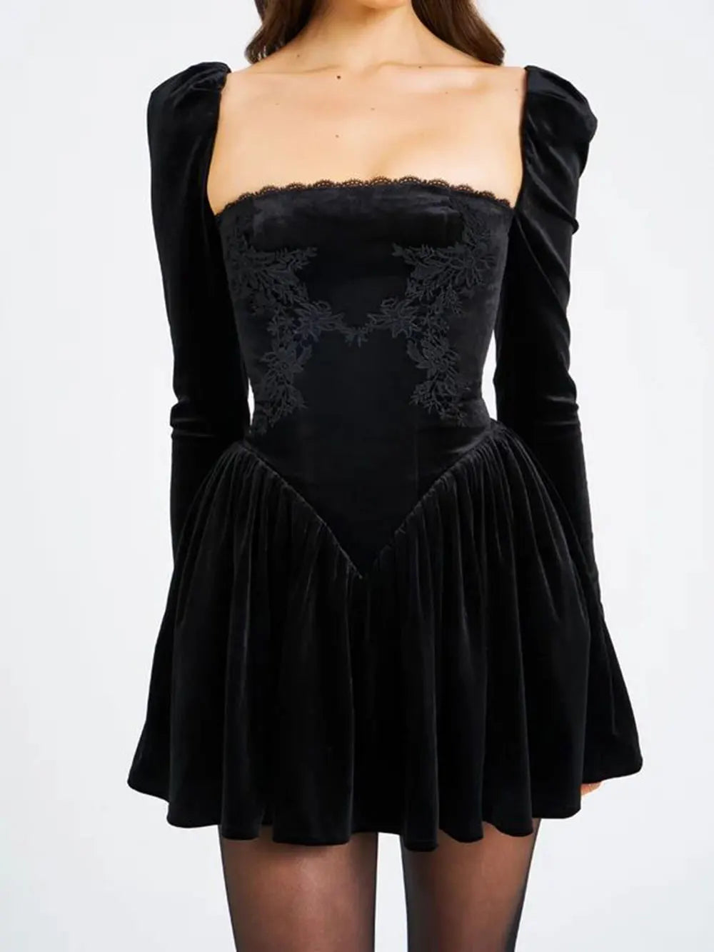 2024 Sexy Women's Christmas Dress Lace Square Collar Bubble Long Sleeve Slimming Bareback Drawstring pleated Mini Dress Vestidos