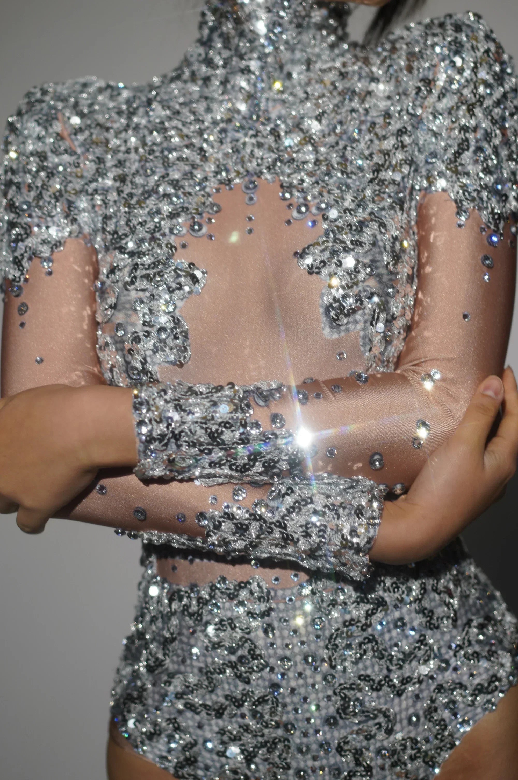 Sparkly Gold Silver Rhinestone Sequin Stretch Bodysuits  Women Birthday Party Nightclub Dancer Stage Performance Costume