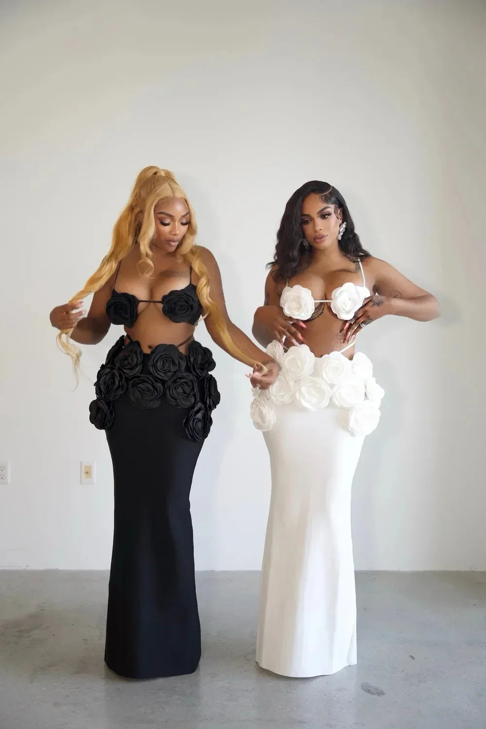 Brown Black White Women Sexy Halter Florals Strap Bodycon 2 Pieces Bandage Dress Celebrate Nightclub Party Photo Shoot Wear