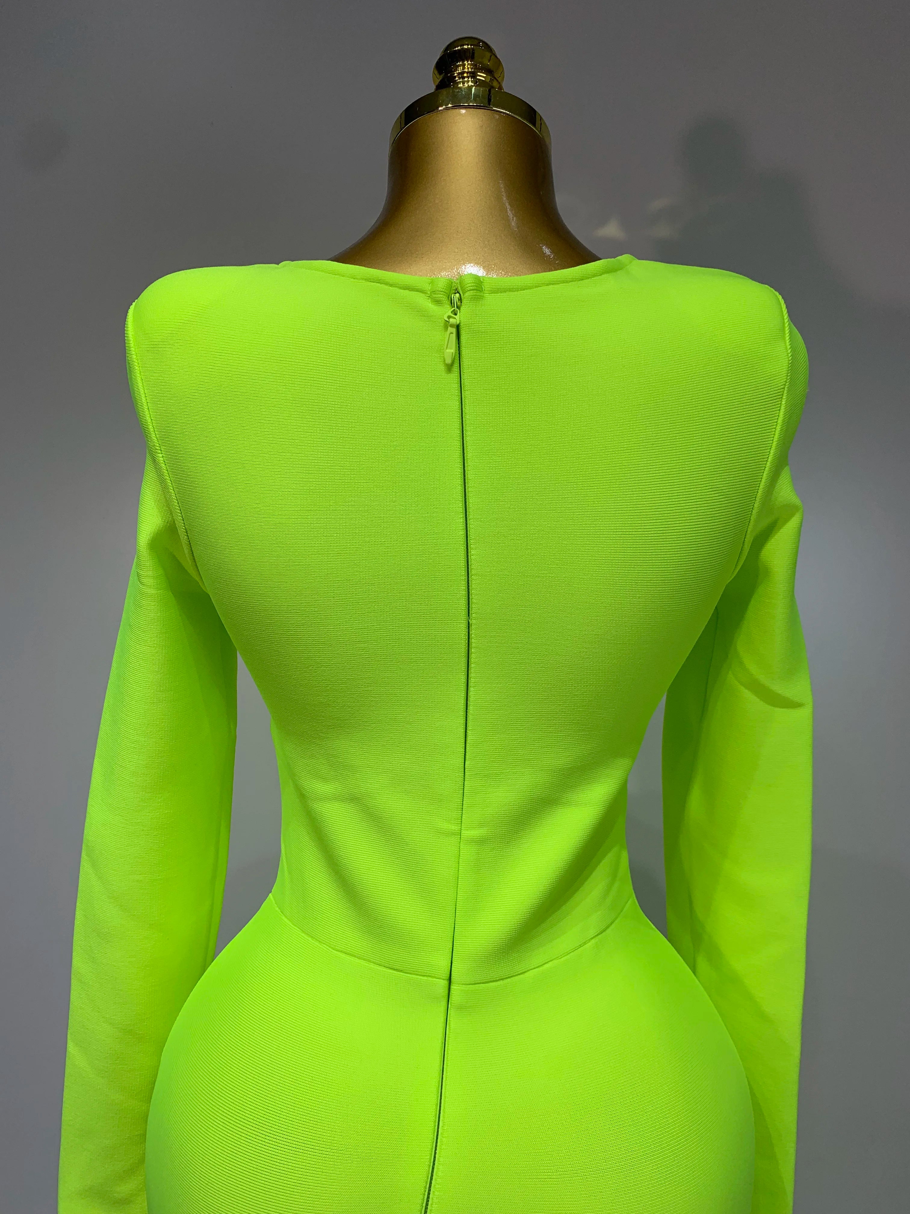 Women Sexy Long Sleeve Square Collar Fluorescent Green Midi Bodycon Bandage Dress  Elegant Evening Birthday Party Dresses