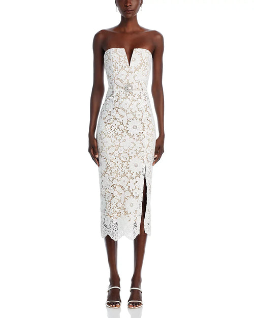 Arrival Women Sexy Strapless Lace Bodycon Mid-calf Dress Belt Fashion Birthday Party Celebrate Evening Cocktail Dress Ivory