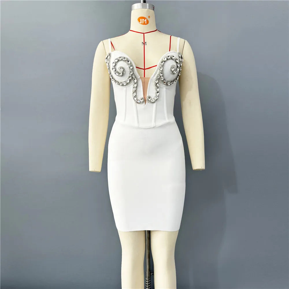 Women Sleeveless Sexy Strap Shinning Crystal Bodycon Mini Bandage Dress Nightclub Party Girls' Vacation Outfit