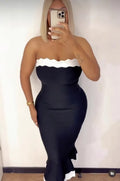 Black Color Women Sleeveless Sexy Strapless Bodycon Mermaid Bandage Mid-calf Dress Nightclub Party Birthday Cocktail Dress black