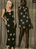 Women Sleeveless Sexy O-Neck Diamond Flowers Bodycon Long Bandage Dress Celebrate Evening Party Office Lady Outfit black