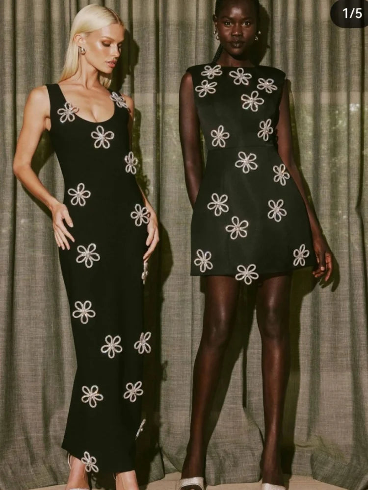 Women Sleeveless Sexy O-Neck Diamond Flowers Bodycon Long Bandage Dress Celebrate Evening Party Office Lady Outfit black