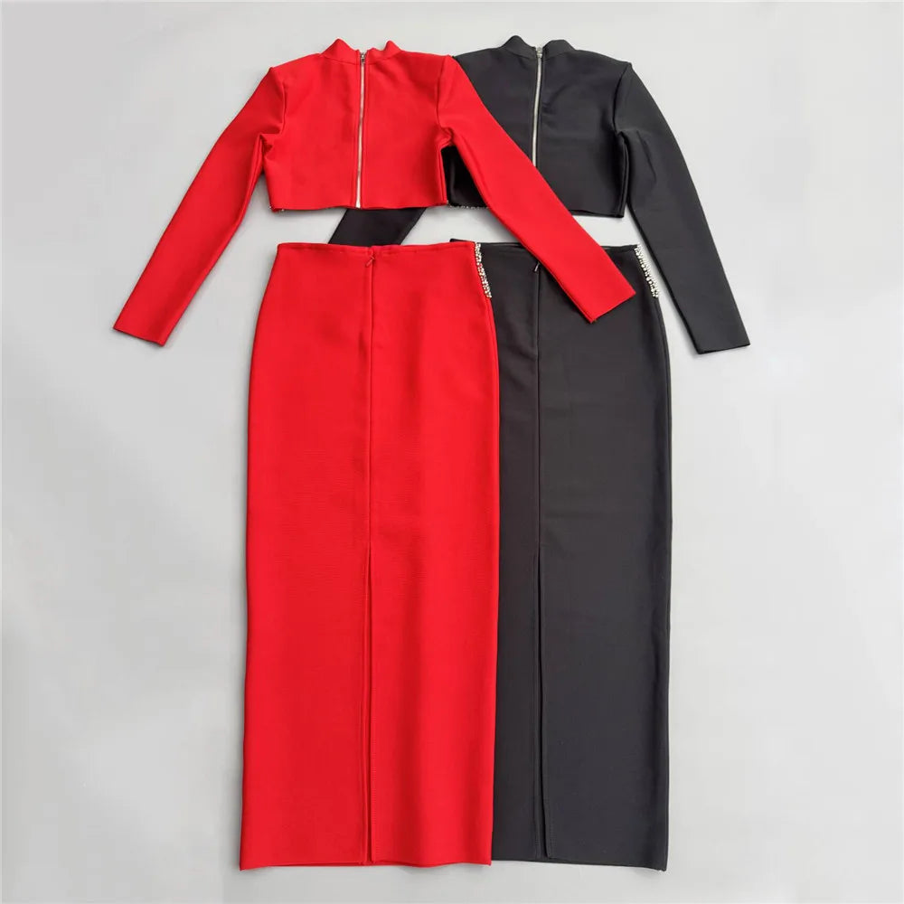 Black Red Women Long Sleeve Shinning Rhinestones 2 Pieces Bodycon Long Bandage Dress Elegant Evening Party Red Carpet Outfit