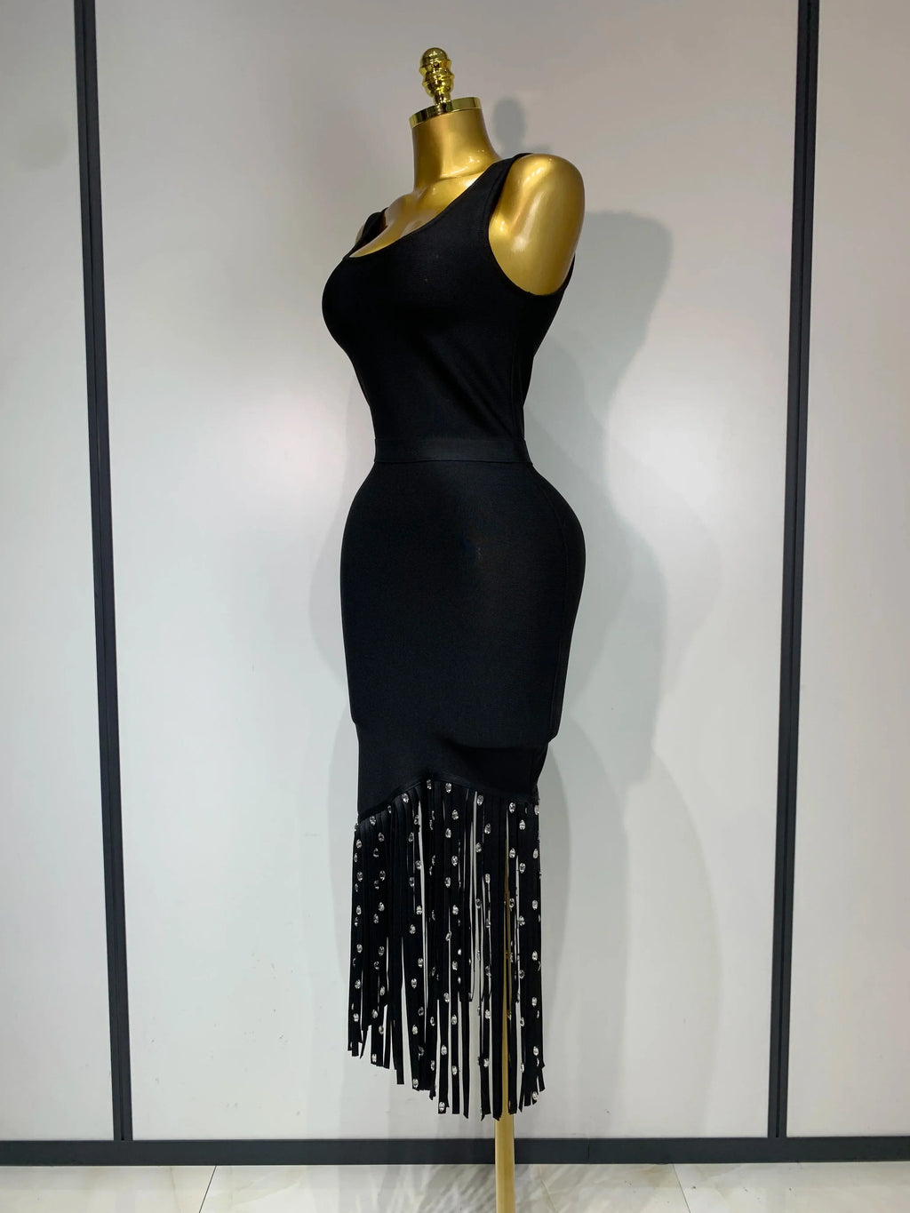 New Fashion Crystal Tassel Temperament Suspender Bodycon Bandage Dress Sexy Midi Evening Party Birthday Dresses Vestidos