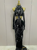 Women Sparkly Diamonds Tassels Chain Balck Sexy Halter Backless Long Dress Evening Birthday Party Celebrate Stage Costume black