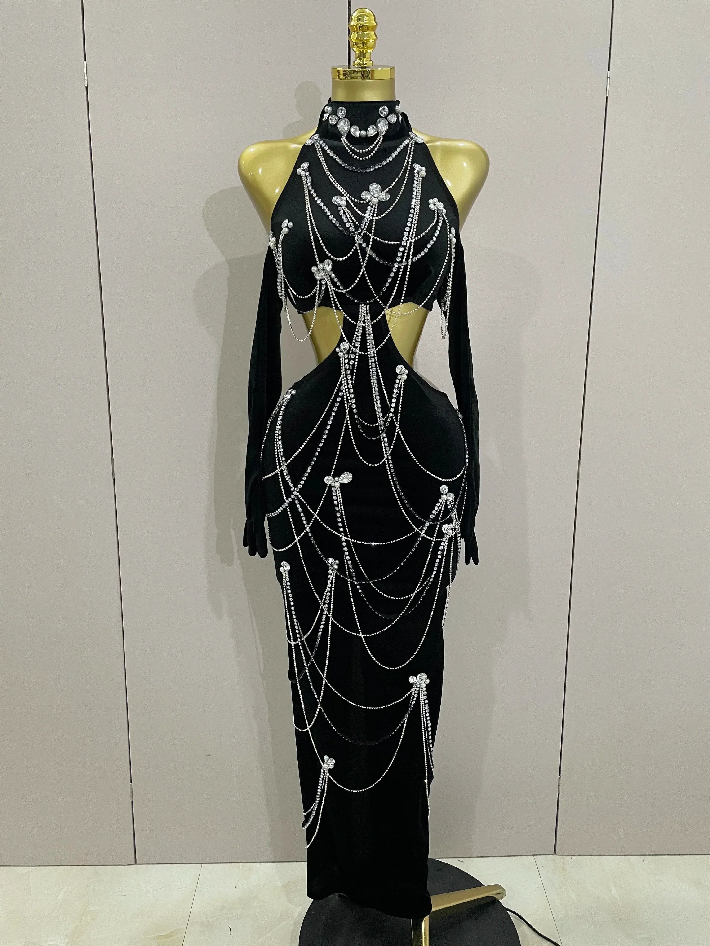 Women Sparkly Diamonds Tassels Chain Balck Sexy Halter Backless Long Dress Evening Birthday Party Celebrate Stage Costume black