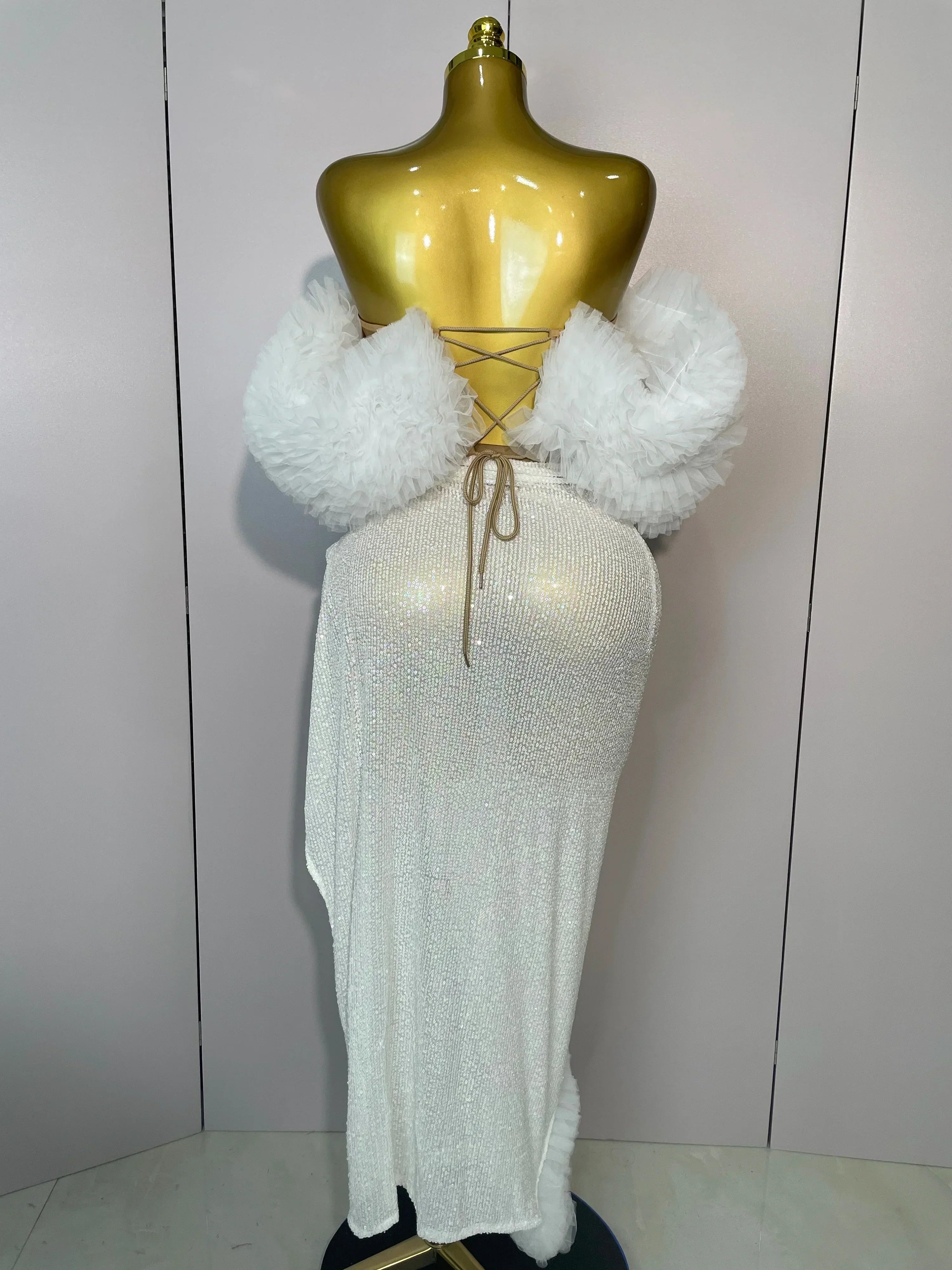 Women White Sequins Top Short Skirt Two Pieces Set Sexy Celebrate Evening Prom Birthday Dress Nightclub Stage Outfit