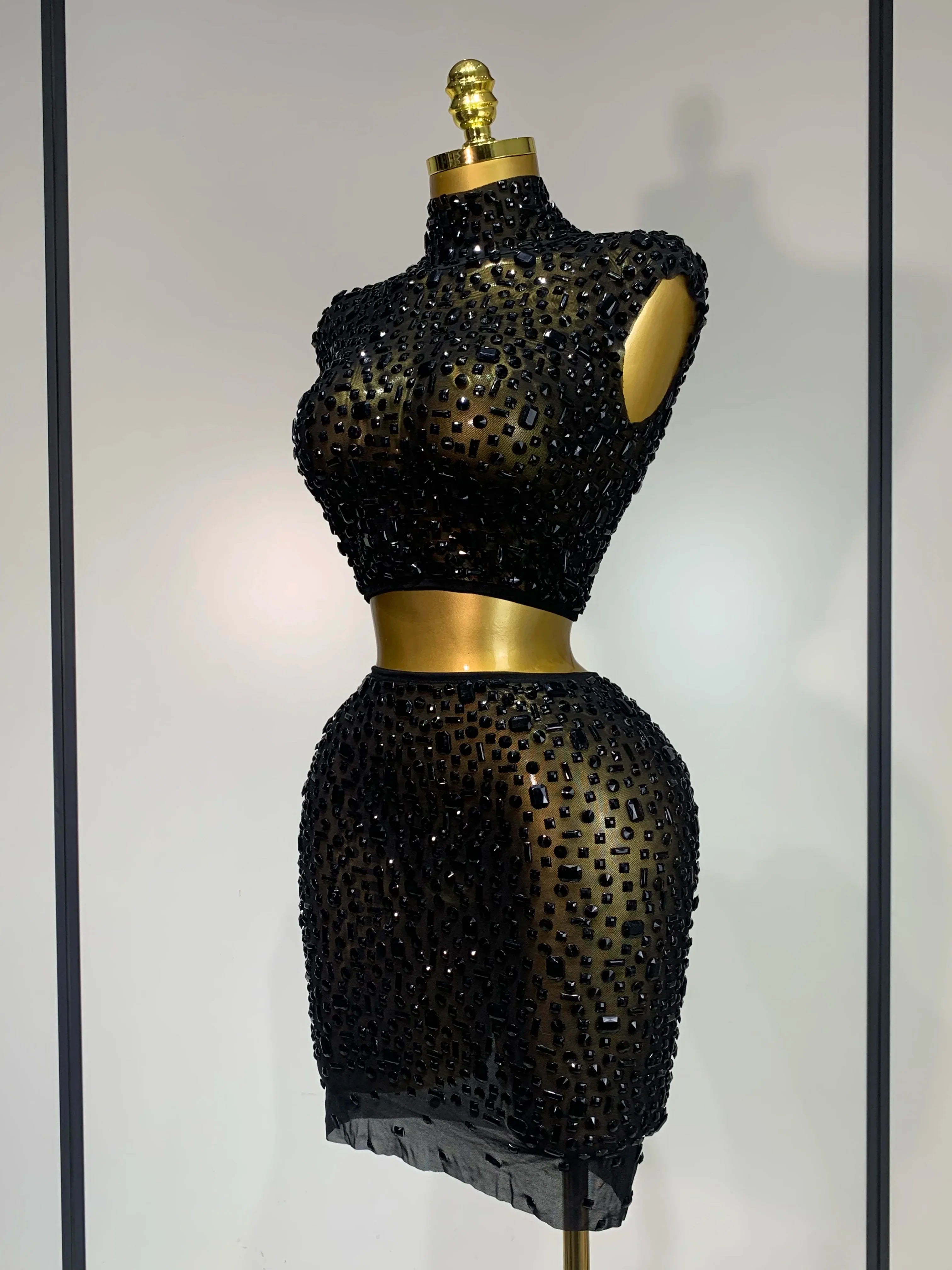 Luxury Rhinestone Mesh See Through Celebrate Birthday Dress Sparkly Top Short Skirt Two Pieces Sets Performance Stage Costume