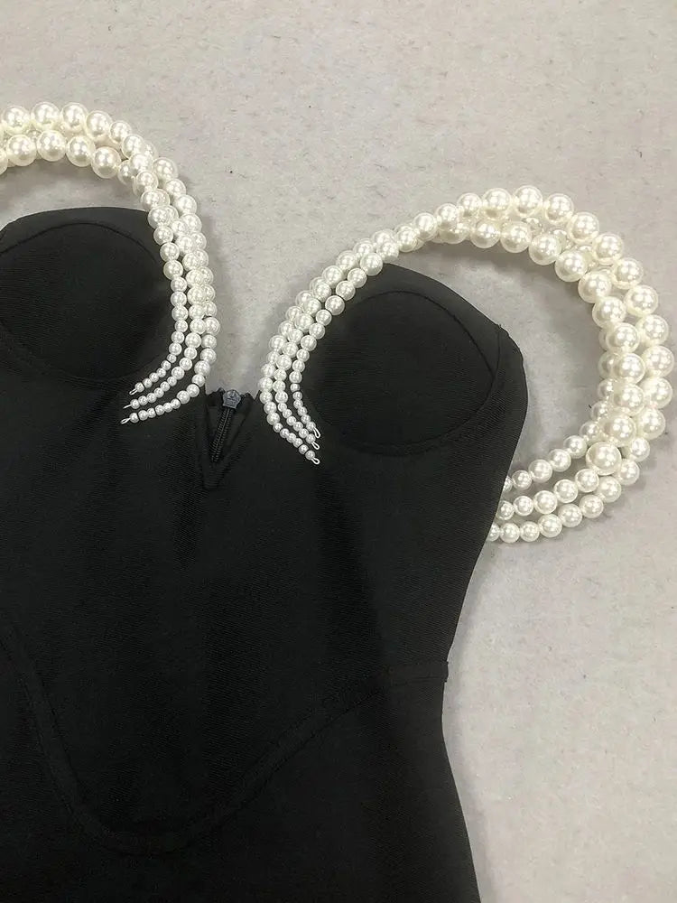 Women Sexy Black Pearl bead Maxi Long Bodycon Bandage Dress Celebrity Elegant Evening Club Party Luxury Birthday Gowns