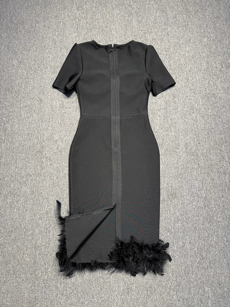 Black Color Women Sexy Sqaure Collar Short Sleeve Bodycon Bandage Mid-calf Dress Celebrate Evening Party Cocktail Dress