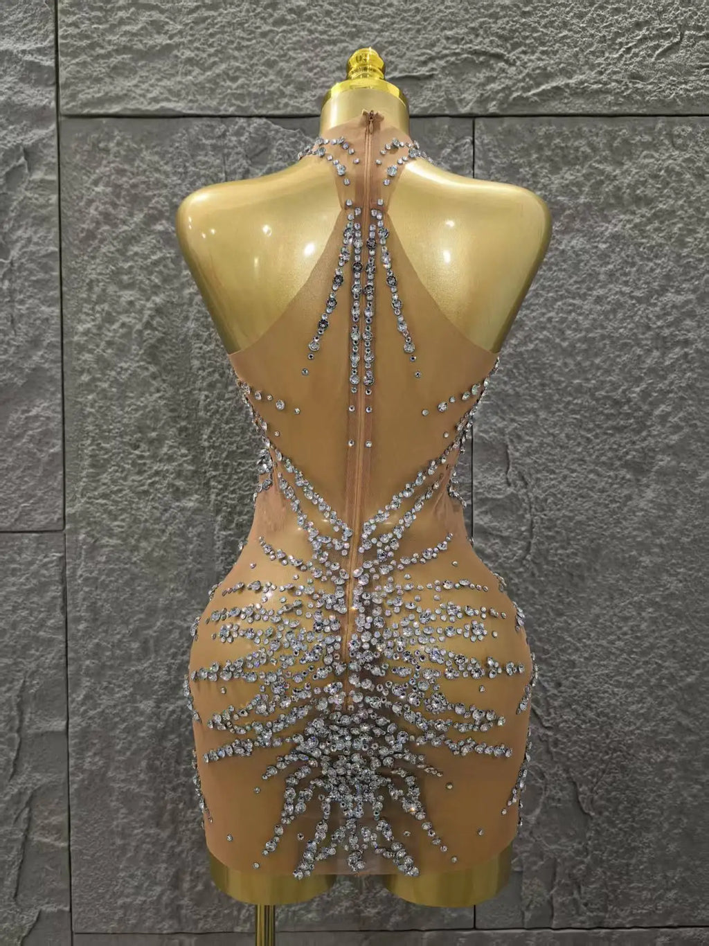 Women Sleeveless Sexy Off the Shoulder Shinning Crystal Bodycon Mini Dress Mesh See Through Celebrate Nightclub Party Stage Wear