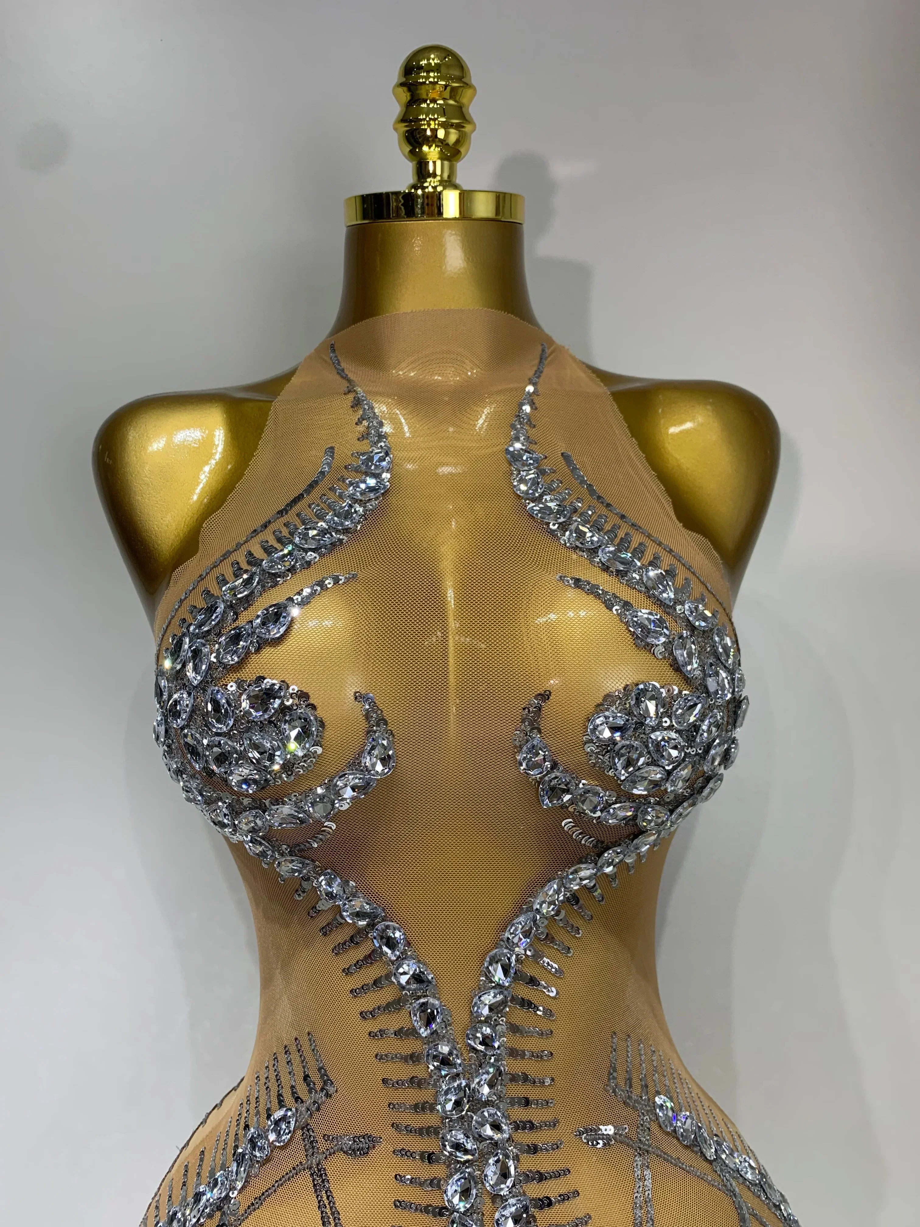 Luxury Party Cocktail Short Dress Women Mesh Sexy See Through Rhinestones Tassel Dress Nightclub Perform Singer Stage Costume