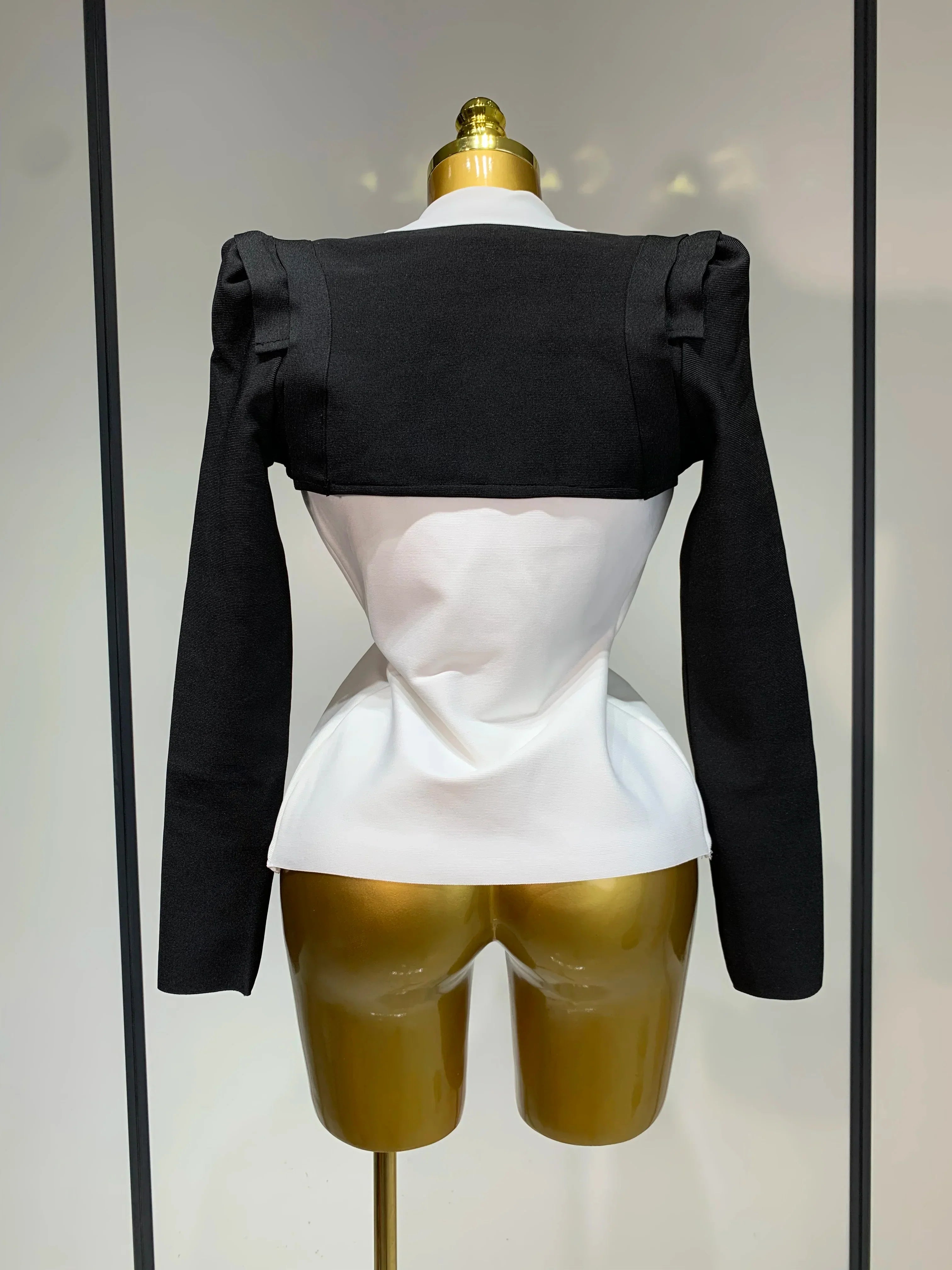 Fashion Black White Bandage Jacket Two Piece Set Women Slim Fit Diamond Button Suit Jackets Coat