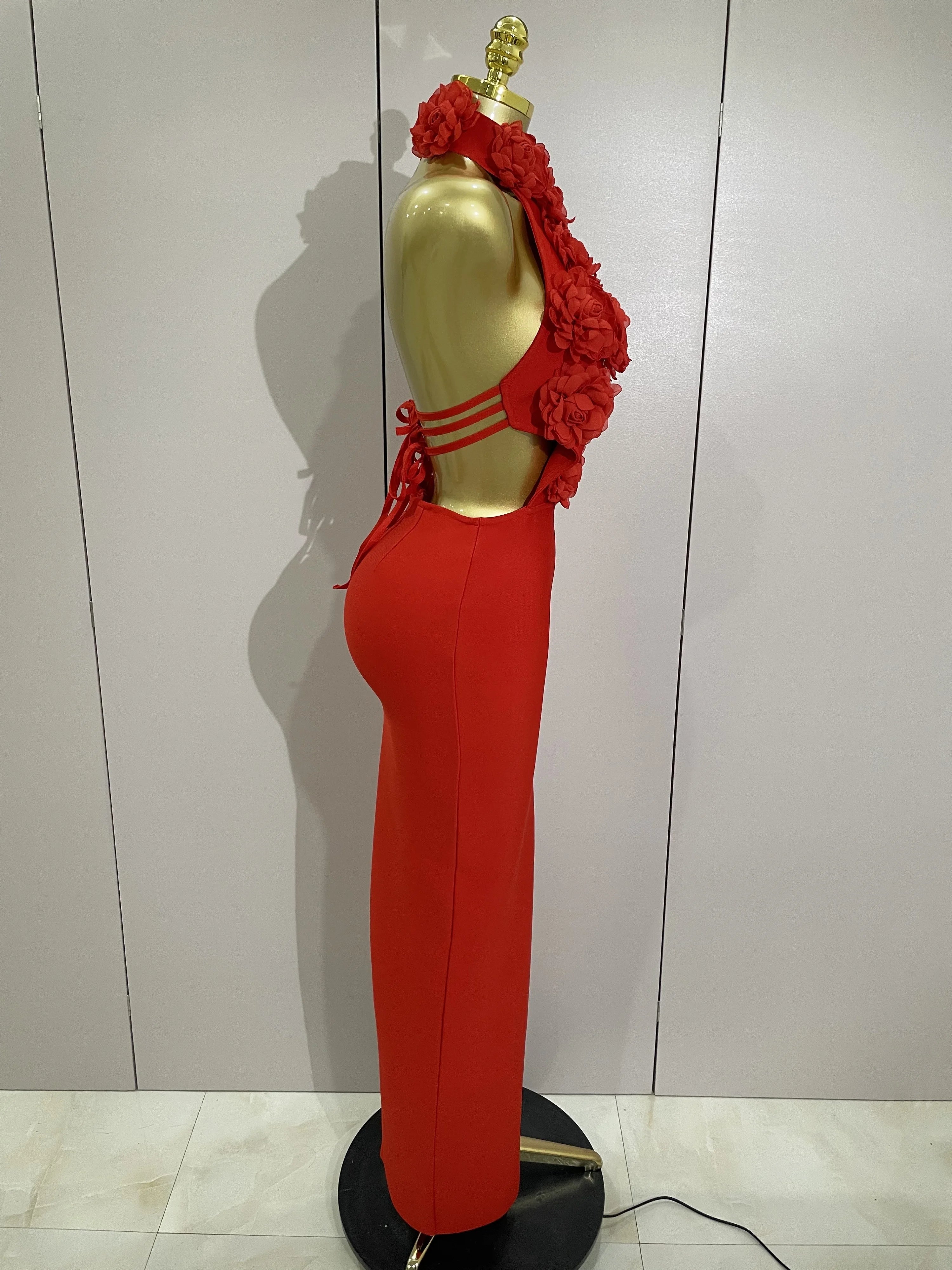 Women Celebrity Sexy Halter Backless Flower Long Bandage Bodycon Dress  Luxury Birthday Dress Elegant Evening Party Outfit