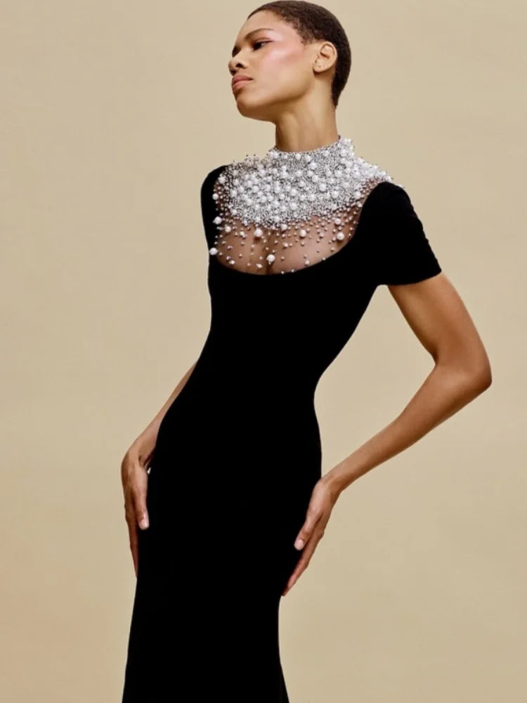 Women Short Sleeve Pearl Beading Velvet Bodycon Long Dress Elegant Evening Party Celebrate Cocktail Dress black