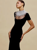 Women Short Sleeve Pearl Beading Velvet Bodycon Long Dress Elegant Evening Party Celebrate Cocktail Dress black