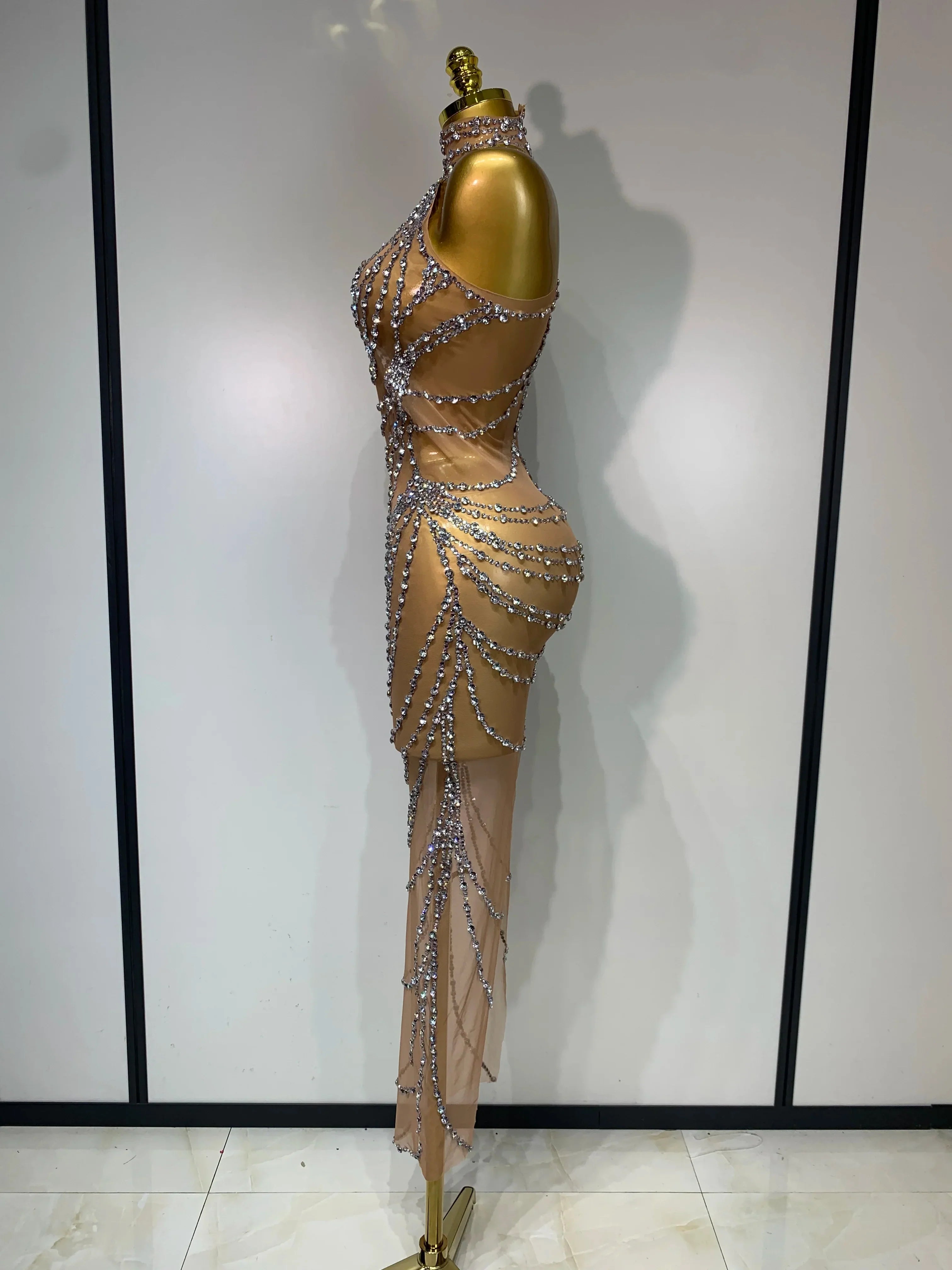 Luxury Rhinestone Sparkly Sexy Transparent Mesh Long Dress Women Birthday Party Gown Stage Singer Performance Costume
