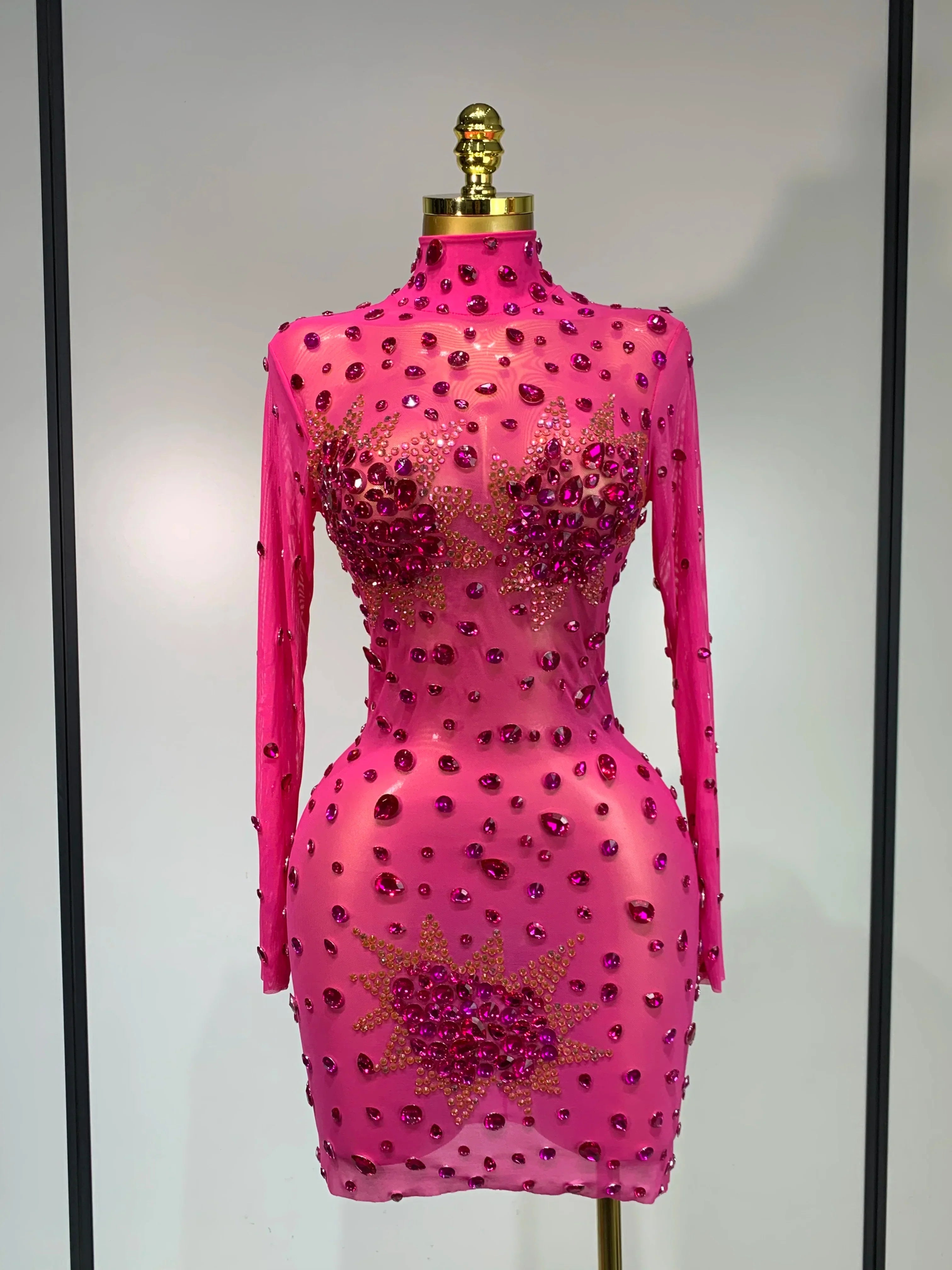 Sparkly Rhinestone Sexy Bodycon Dress New Fashion Nightclub Stage Outfit Luxury Birthday Party Dresses Rose Red