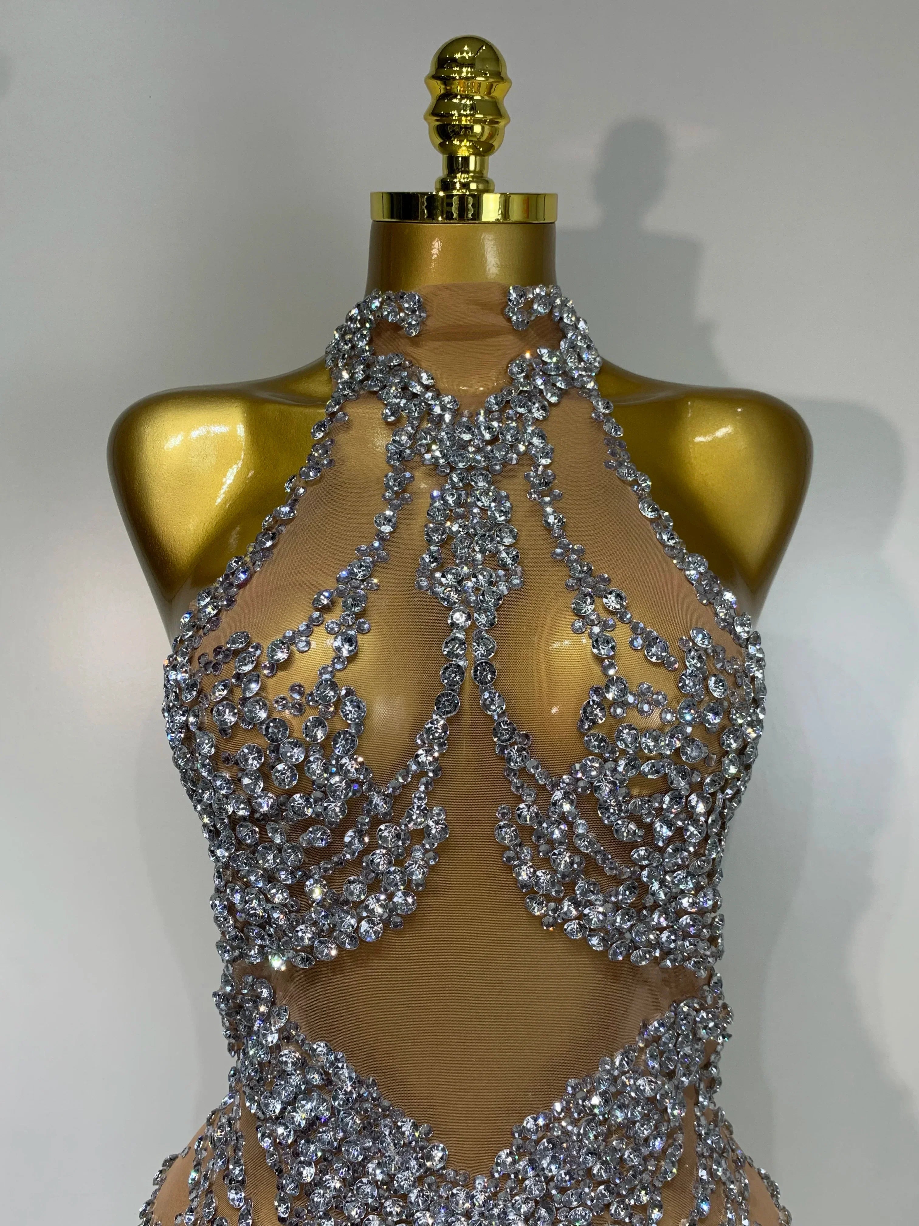 Luxury Rhinestones Mesh Transparent Prom Mini Dress Shinny Women Birthday Celebrate Party Prom Nightclub Outfit Stage Costume