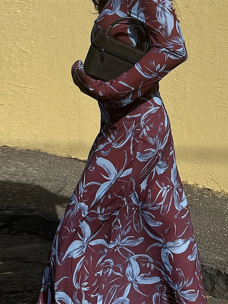 Retro Printed O neck Holiday Dress Women Elegant Full Sleeve Waist cinching Long Dresses Female 2025 Summer Chic Street Vestidos