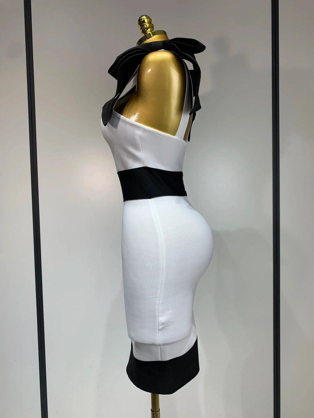 Women Sexy Bow Tie Black White Patchwork Bodycon Bandage Dress Celebrity  Elegant Evening Club Party Birthday Dresses