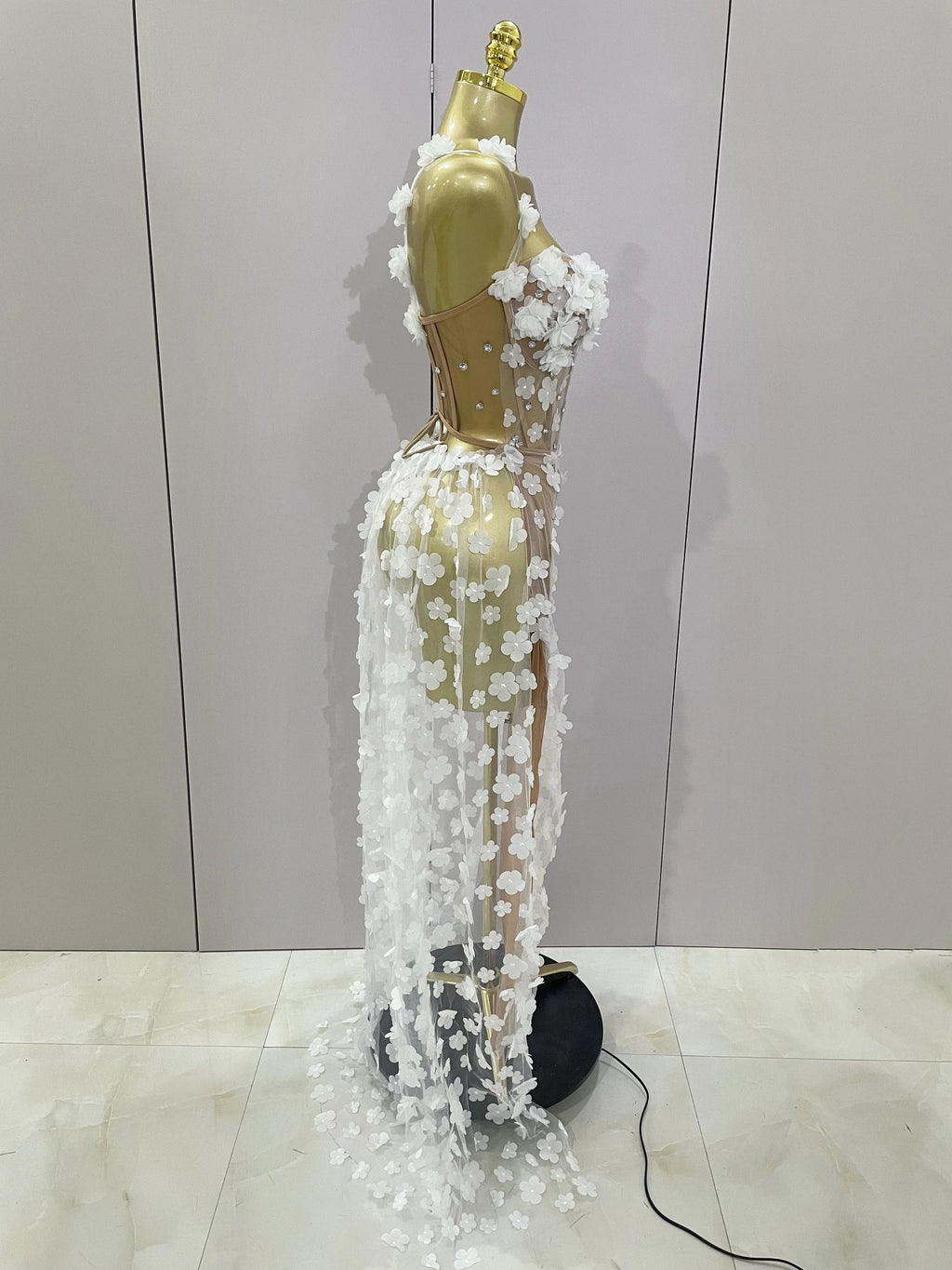 Sexy Mesh See Through Flowers Backless Long Dress  Women Elegant Party Wedding Celebrate Evening Gown Prom Hotwife Outfit