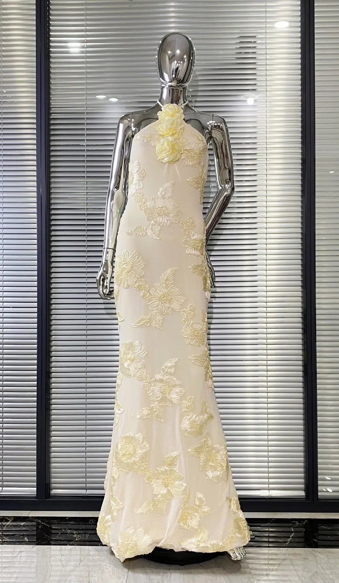 Women Sexy Halter Off the Shoulder Embroidery Bodycon Long Dress Elegant Evening Party Birthday Cocktail Outfit Light Yellow