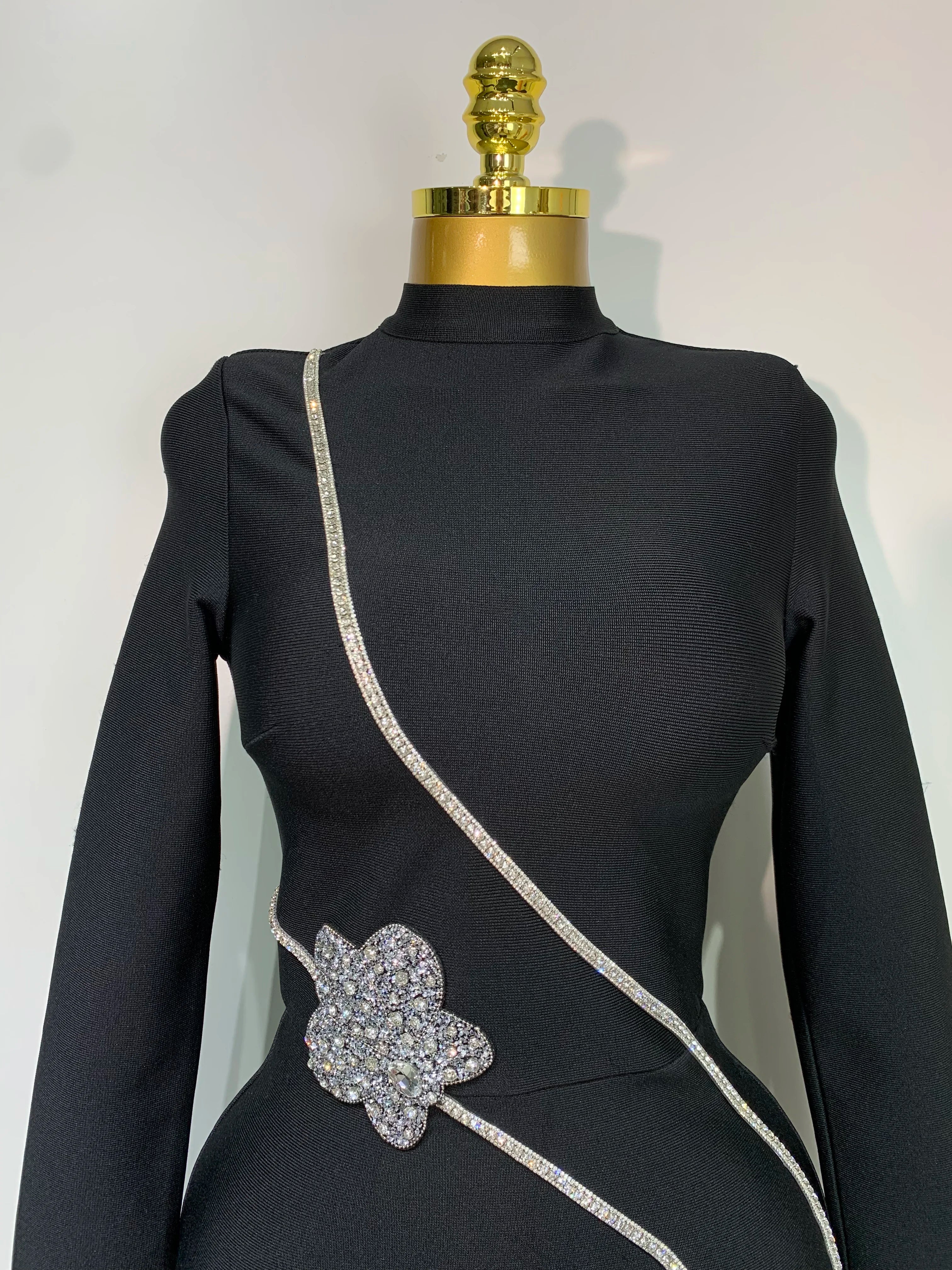 Fashion Designer Party Dress Women's Formal Long Sleeve Diamonds Bodycon Bandage Dress Elegant Luxury Birthday Gown