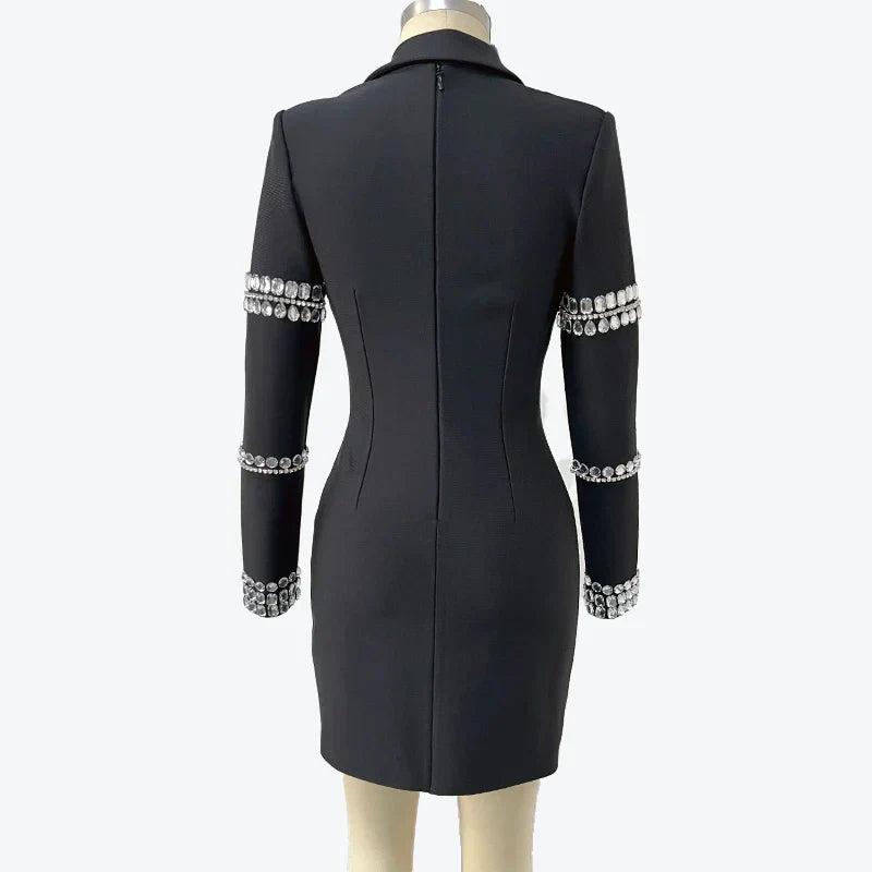 Fashion Black Color Women Long Sleeve Sexy V-Neck Bodycon Mini Bandage Dress Crystal Fashion Nightclub Party Outfit