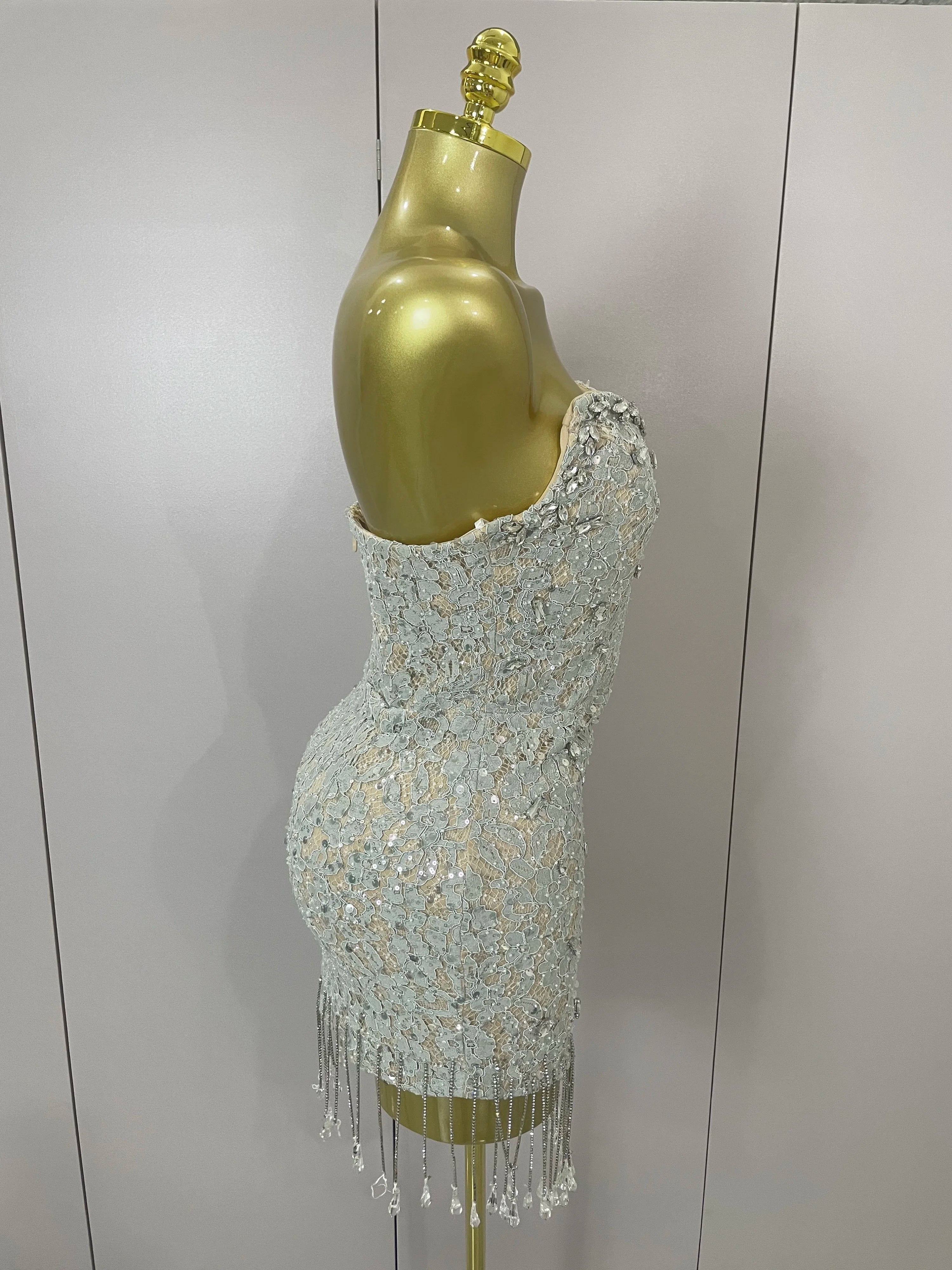 Luxury Sparkle Diamond Tassel Halter Cocktail Dress  Women Elegant Evening Formal Gowns Wedding Party Dresses Stage Costumes