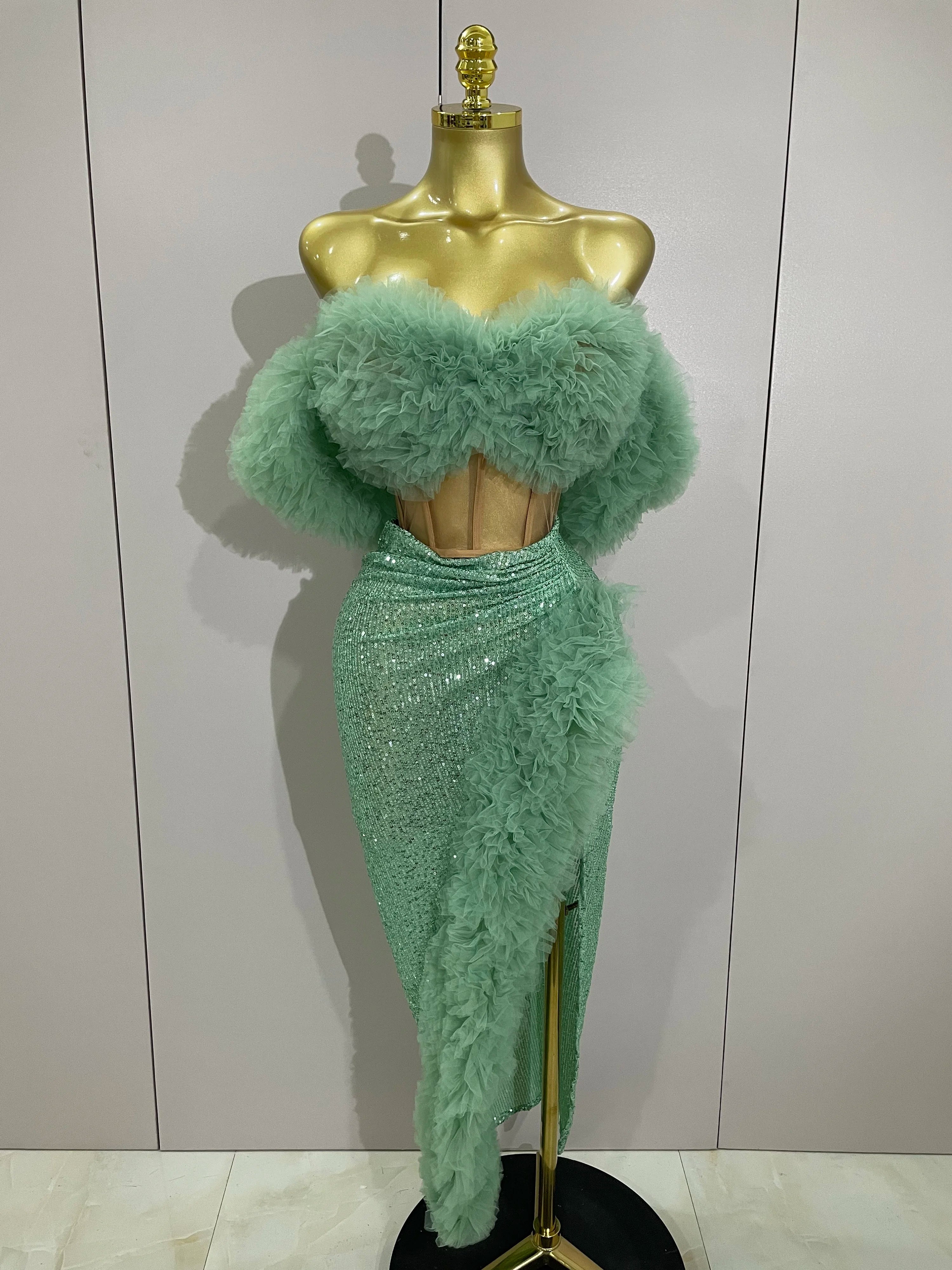 Women White Sequins Top Short Skirt Two Pieces Set Sexy Celebrate Evening Prom Birthday Dress Nightclub Stage Outfit green