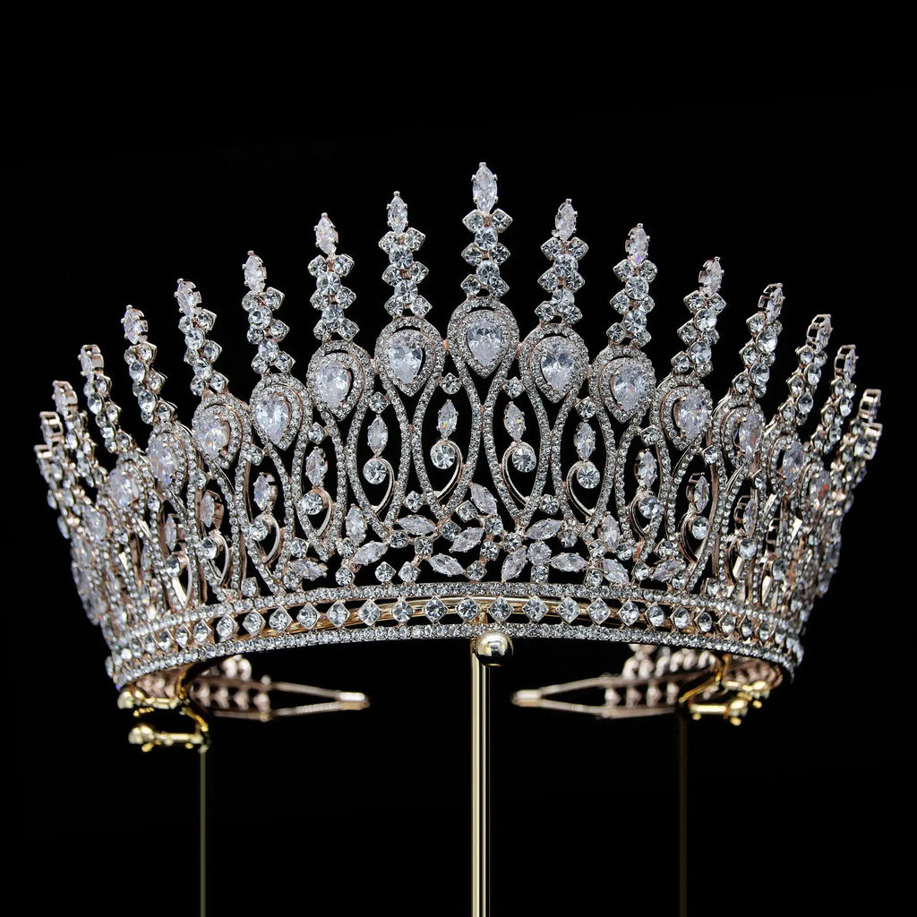 Big Large AAA Zircon Tiara Crown Zirconia Headpiece For Brides Princess Queen Headband Wedding Hair Accessories Bridal Jewelry rose gold color
