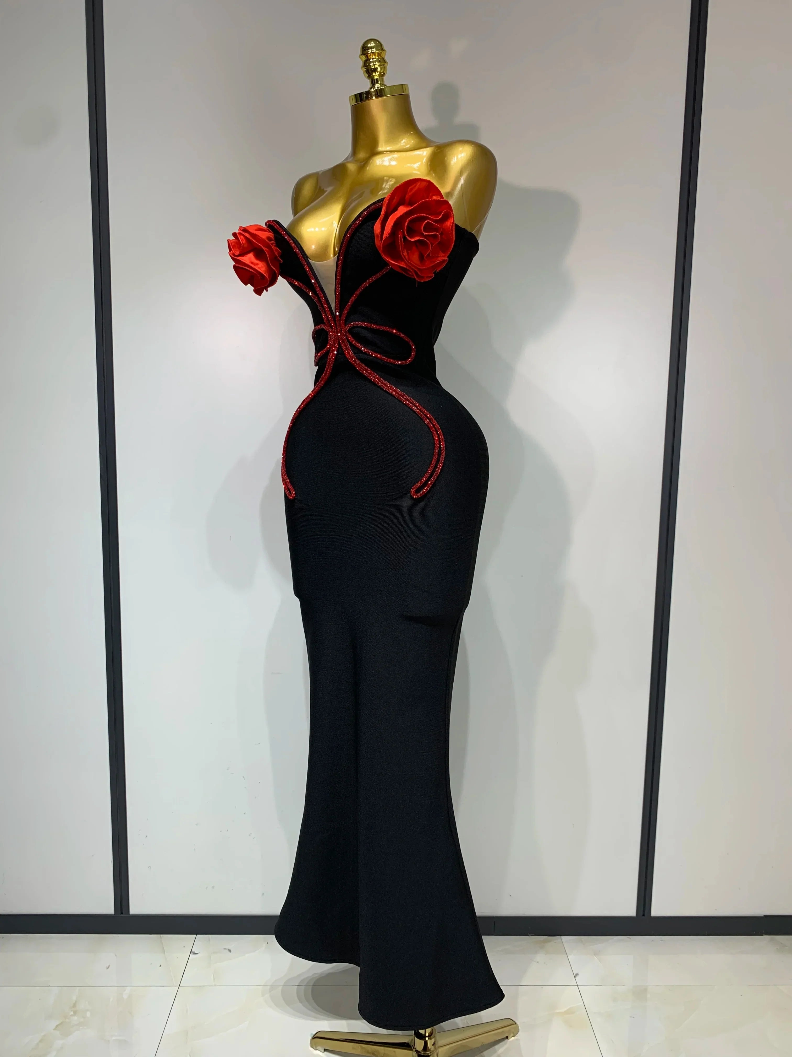 Sexy Strapless Flower Appliques Sexy Diamond Bodycon Bandage Mermaid Dress Celebrity Evening Runway Party Club Birthday Dress