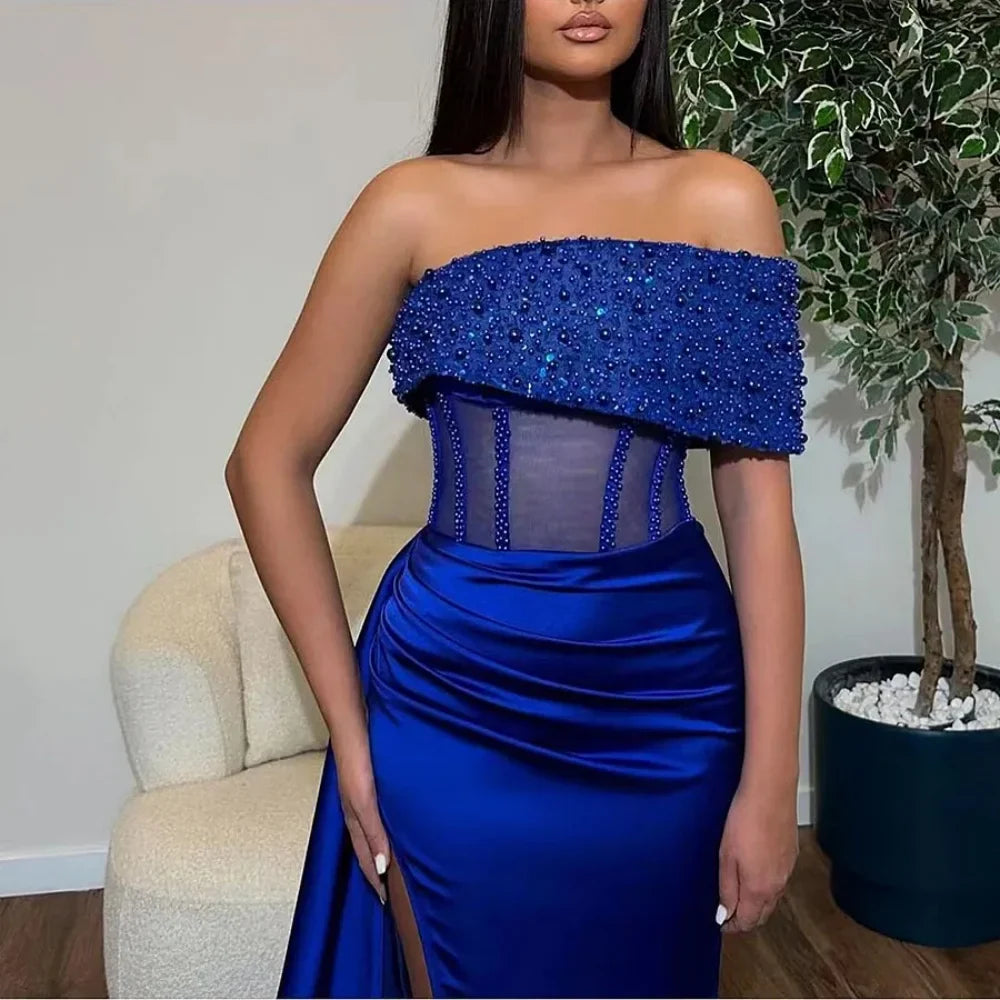 Blue Satin ALine Prom Dress