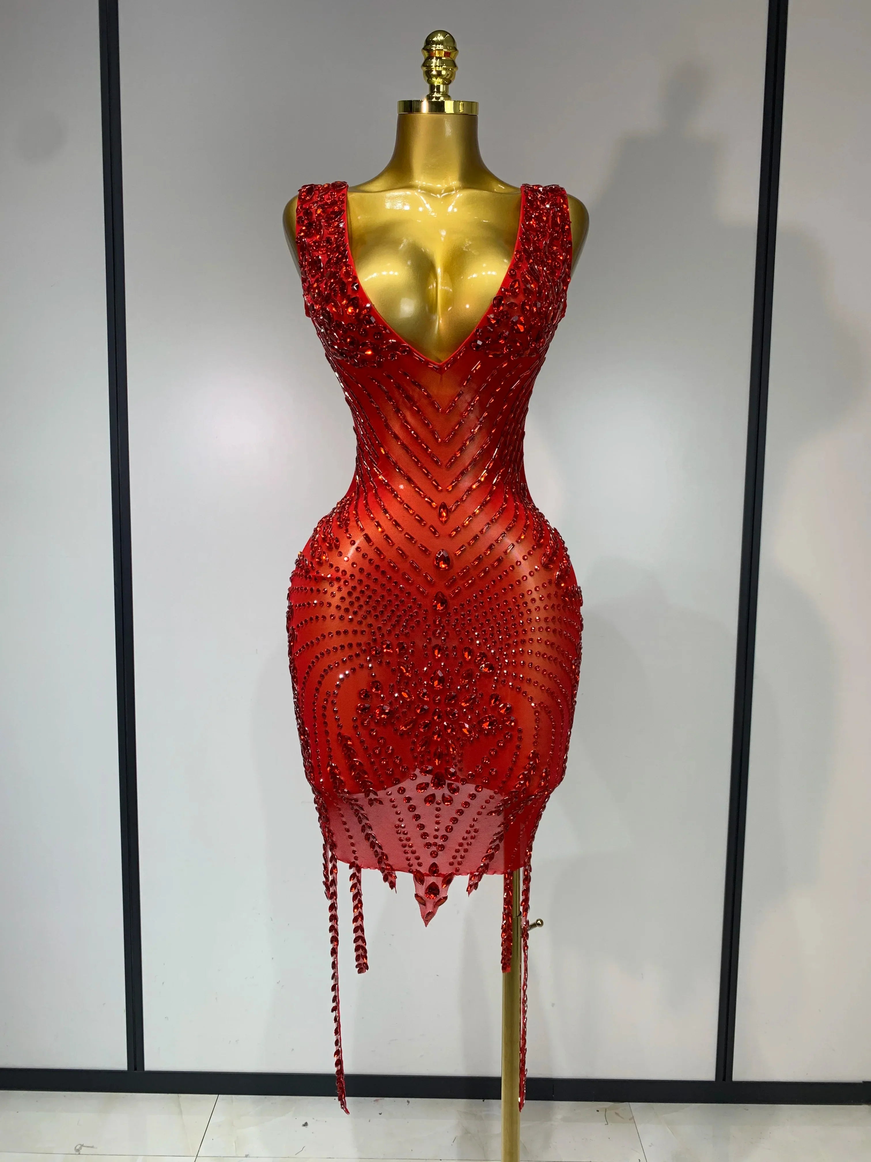 Women Sexy Stage Performance Outfit Sparkly Rhinestones Bodycon Dress Birthday Celebrate Evening Party Nightclub Mesh Dress Red