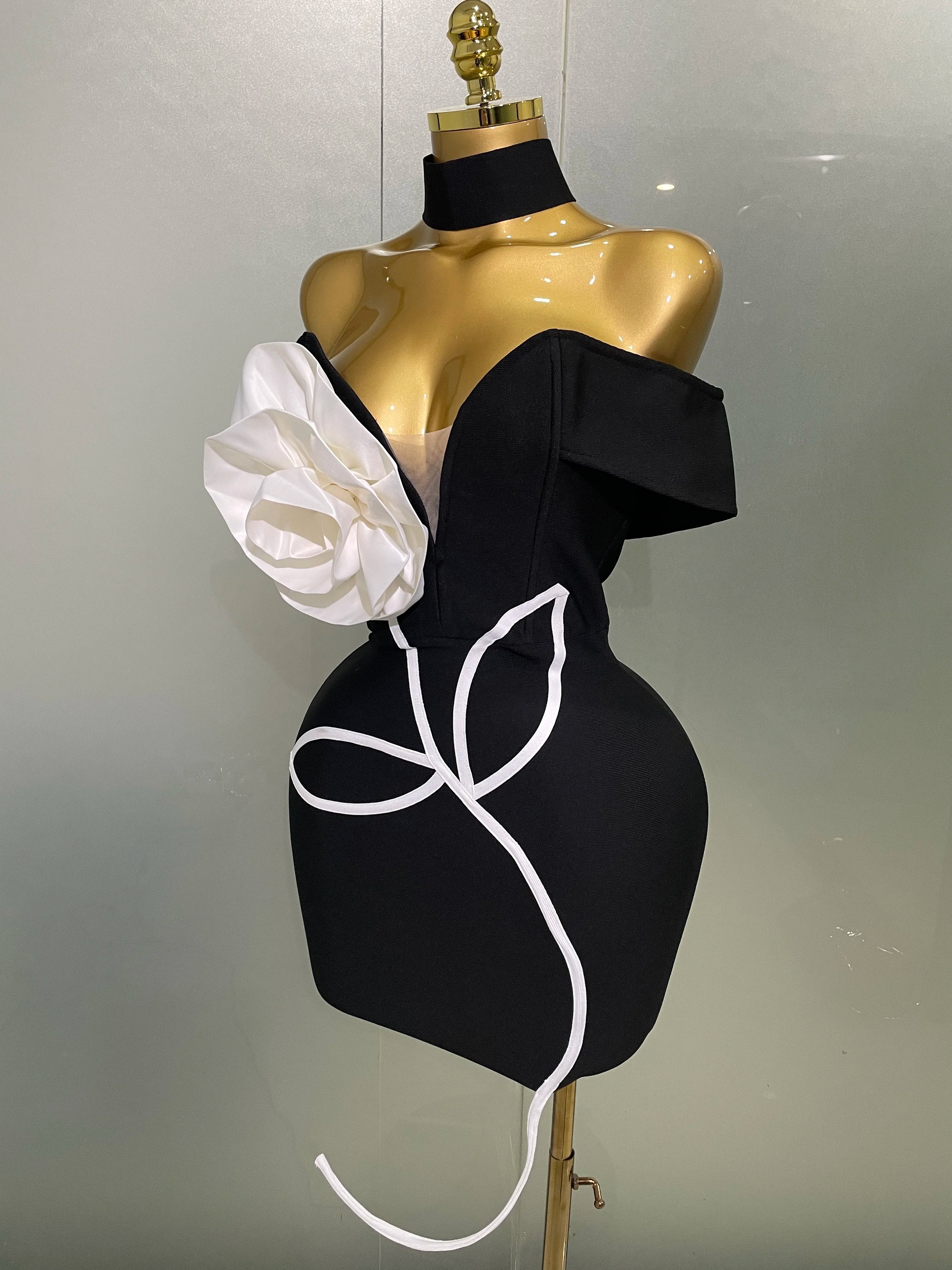 Women  Sexy Off Shoulder White Flower Black Mini Bodycon Bandage Dress Luxury Celebrity Evening Club Elegant Party Gowns