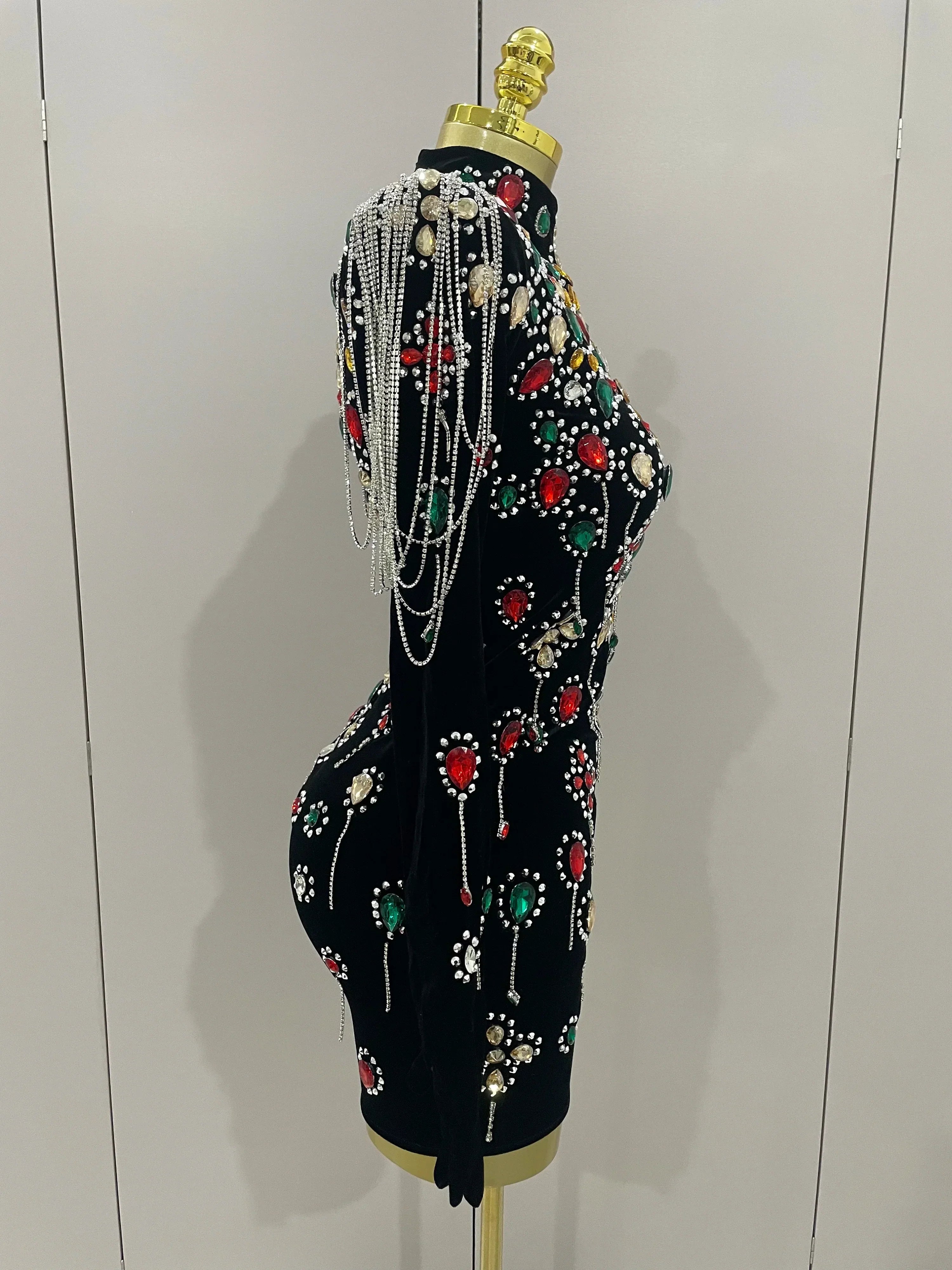 Sexy Sparkle Multicolor Rhinestones Black Velvet Gloves Slit Short Dress Women Evening Birthday Party Club Stage Costume