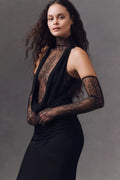 Women Black Color Women Sleeveless Off the Shoulder Lace Bodycon Long Dress Celebrate Evening Party Bar Club Wear black