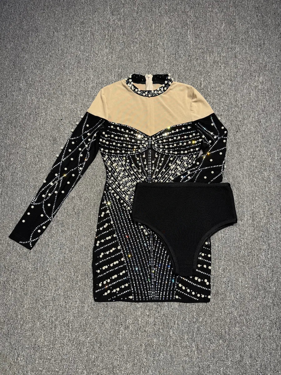 Women Long Sleeve Sexy Shinning Rhienstones Bodycon Mini Bandage Dress Nightclub Party Club Singer Celebrate Performance Costume