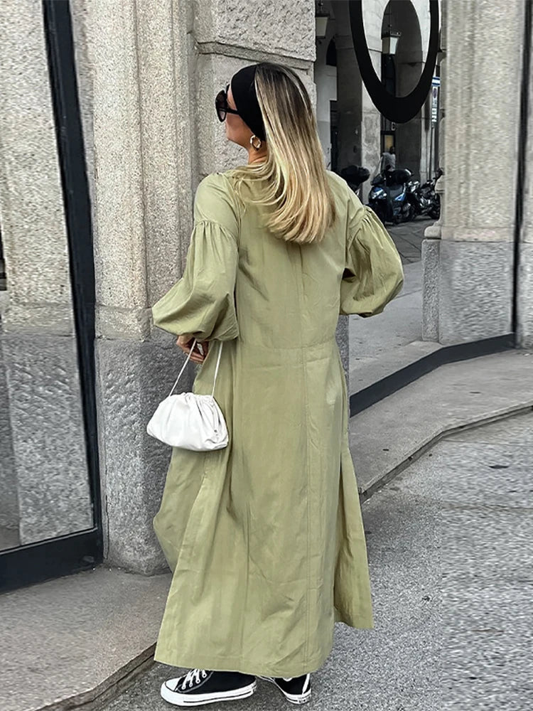 Casual Street Lace Up Long Dresses Women Chic Loose V neck Side Slit Solid Dress Female Summer Versatiel Street Party Robes