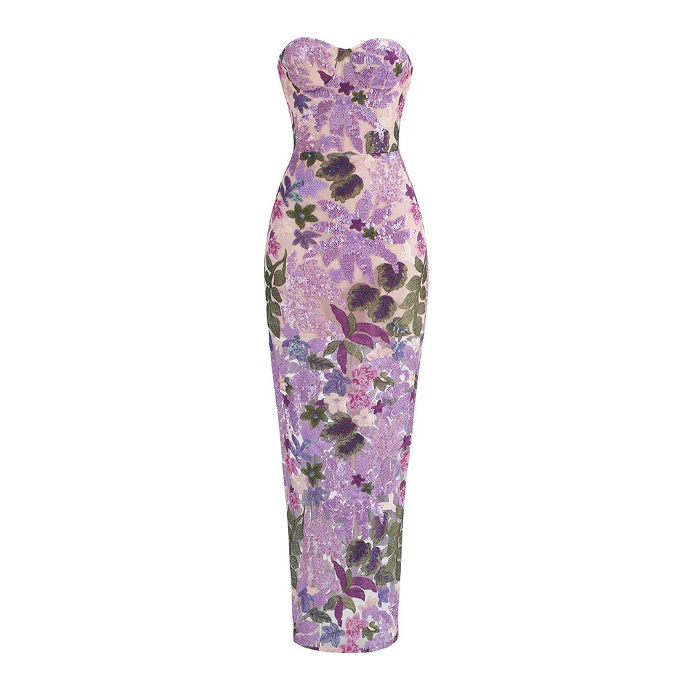 Sequin Flowers Embroidery Sexy Mesh See Through Strapless Ankle Length Dress Elegant Woman Evening Dress Celebrity Party Outfit