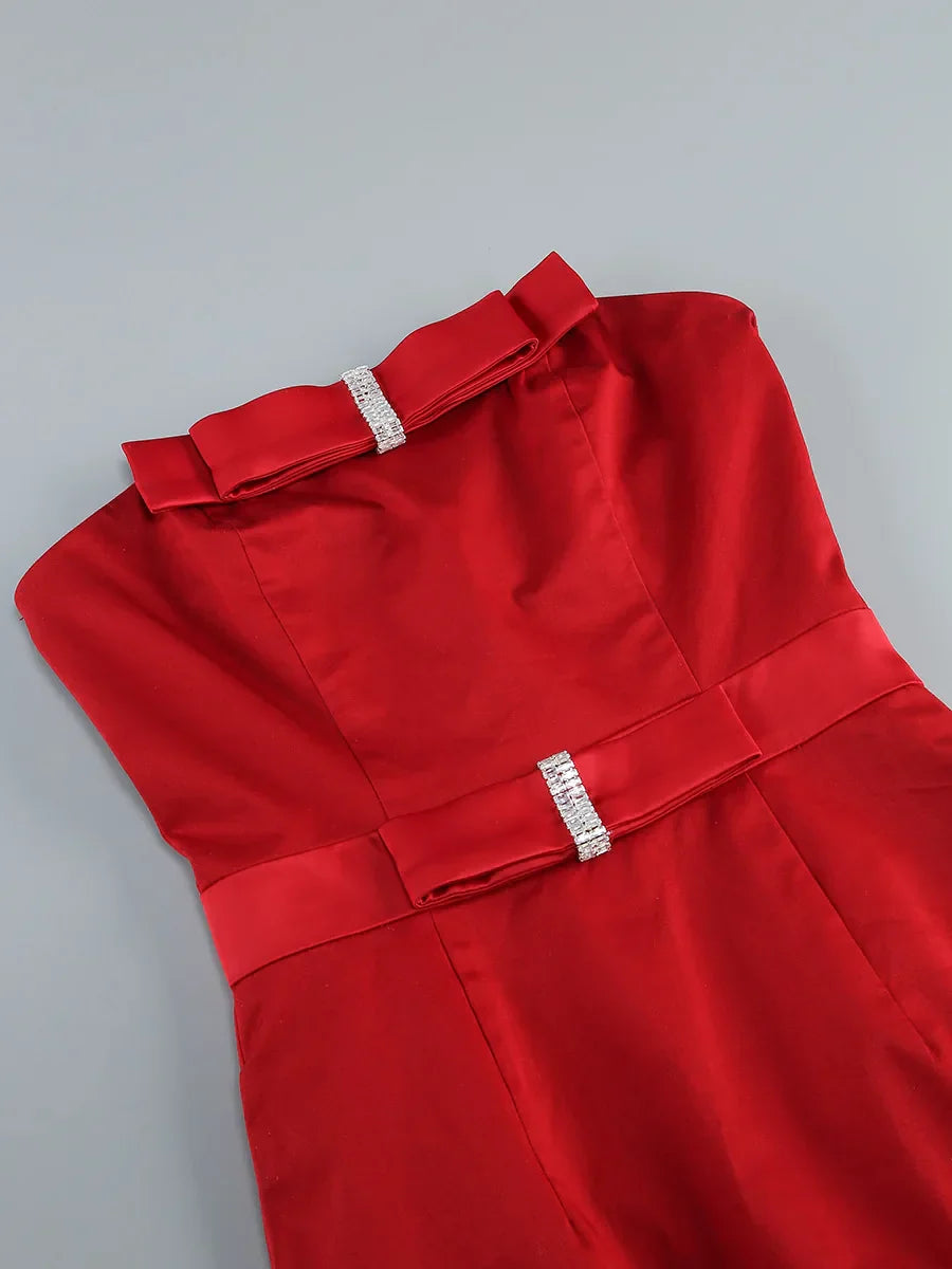Women Sexy Strapless Bow Bodycon Mid-calf Dress Celebrate Birthday Party Date Cocktail Outfit High Quality
