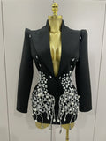 Sparkly Crystal Chains Pearls Long Sleeve Mini Dress Women Birthday Evening Party Nightclub Outfit Singer Wedding Costume black