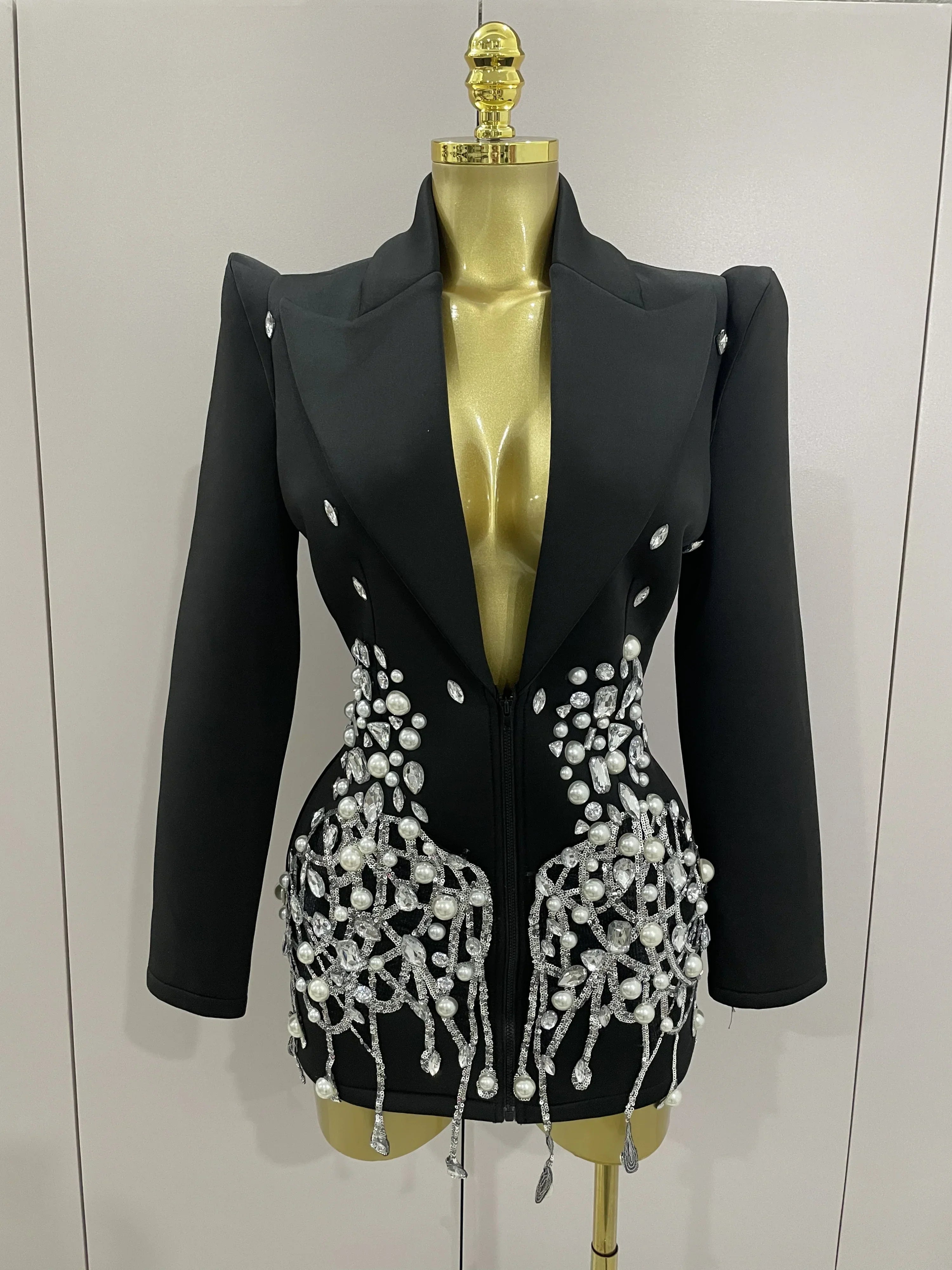 Sparkly Crystal Chains Pearls Long Sleeve Mini Dress Women Birthday Evening Party Nightclub Outfit Singer Wedding Costume black