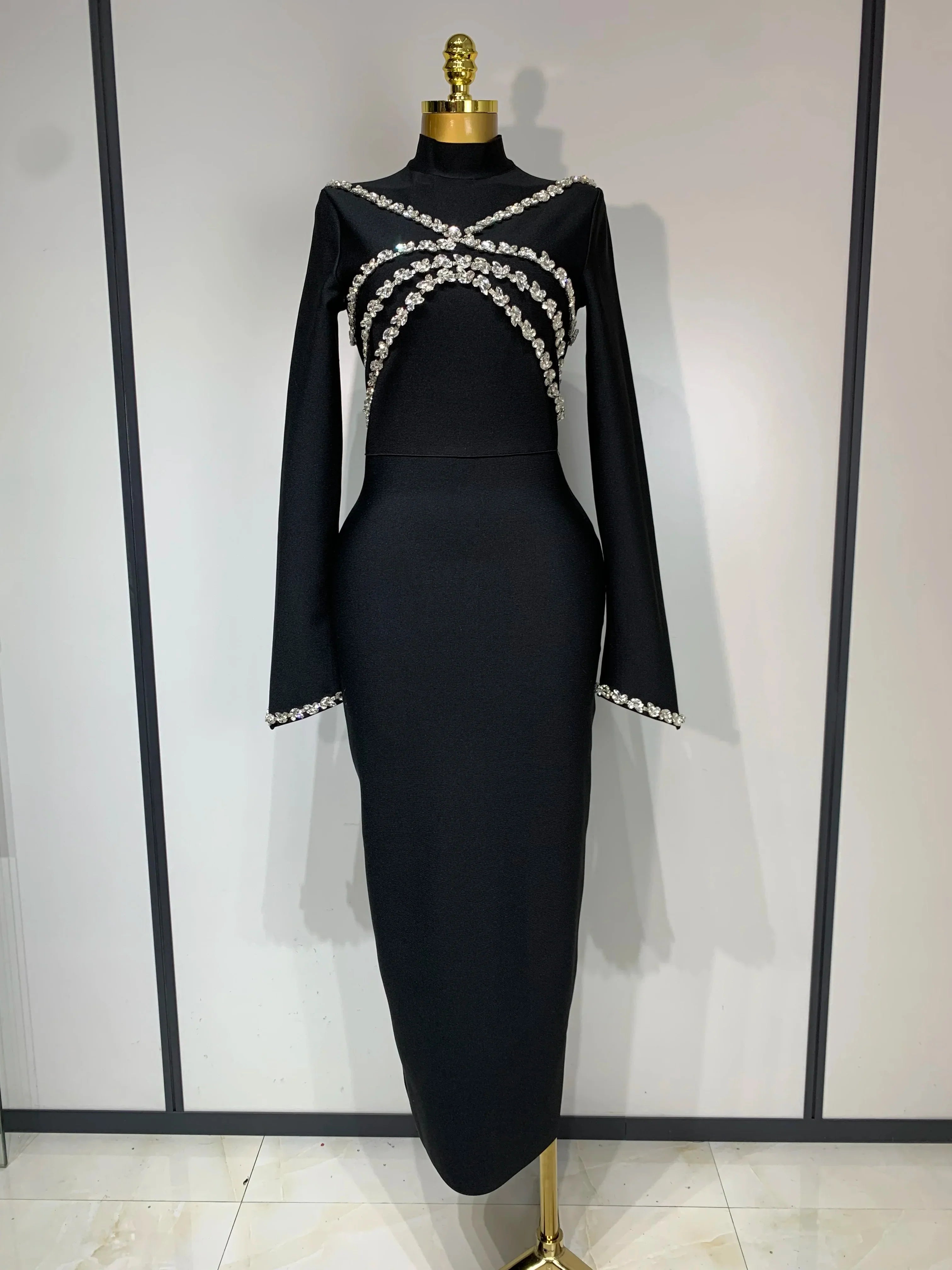 Women Long Sleeve Shinning Crystal Bodycon Long Bandage Dress Celebirty Elegant Evening Party Luxury Birthday Dress black