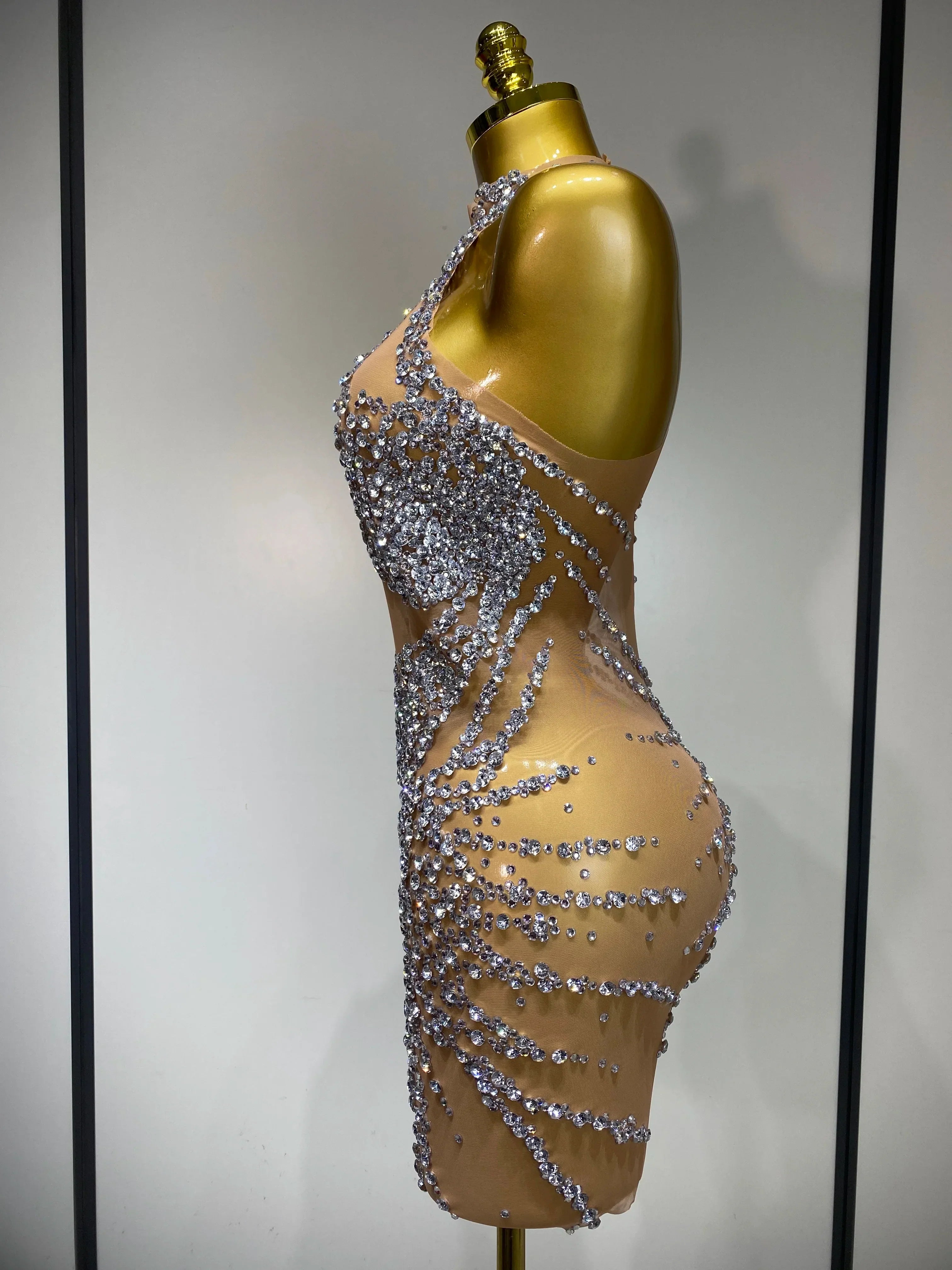 Luxury Rhinestones Mesh Transparent Prom Mini Dress Shinny Women Birthday Celebrate Party Prom Nightclub Outfit Stage Costume