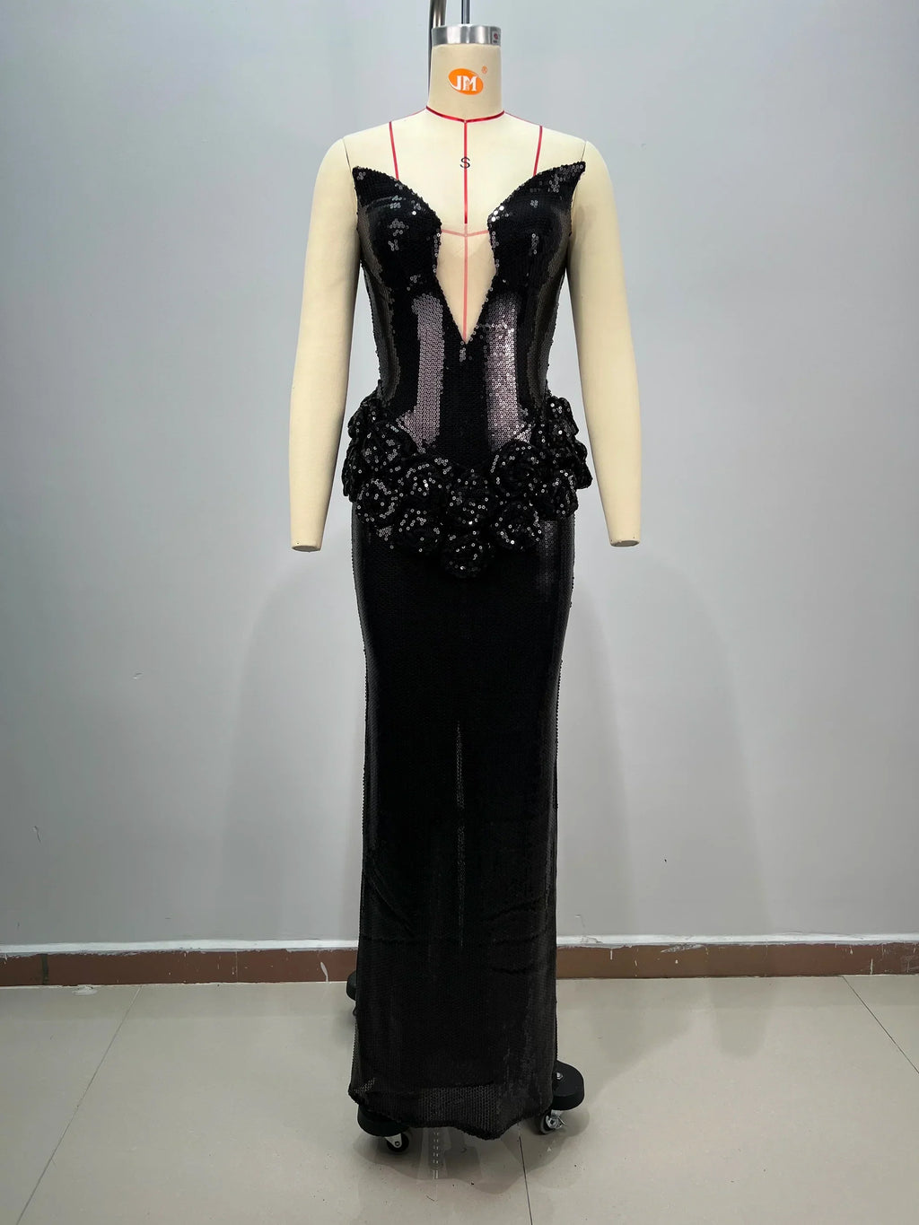 Luxury Haute Couture Sexy V-Neck Black Shining Sequins Floor Length Dress Woman Birthday Party Dress Red Carpet Goddess Vestido